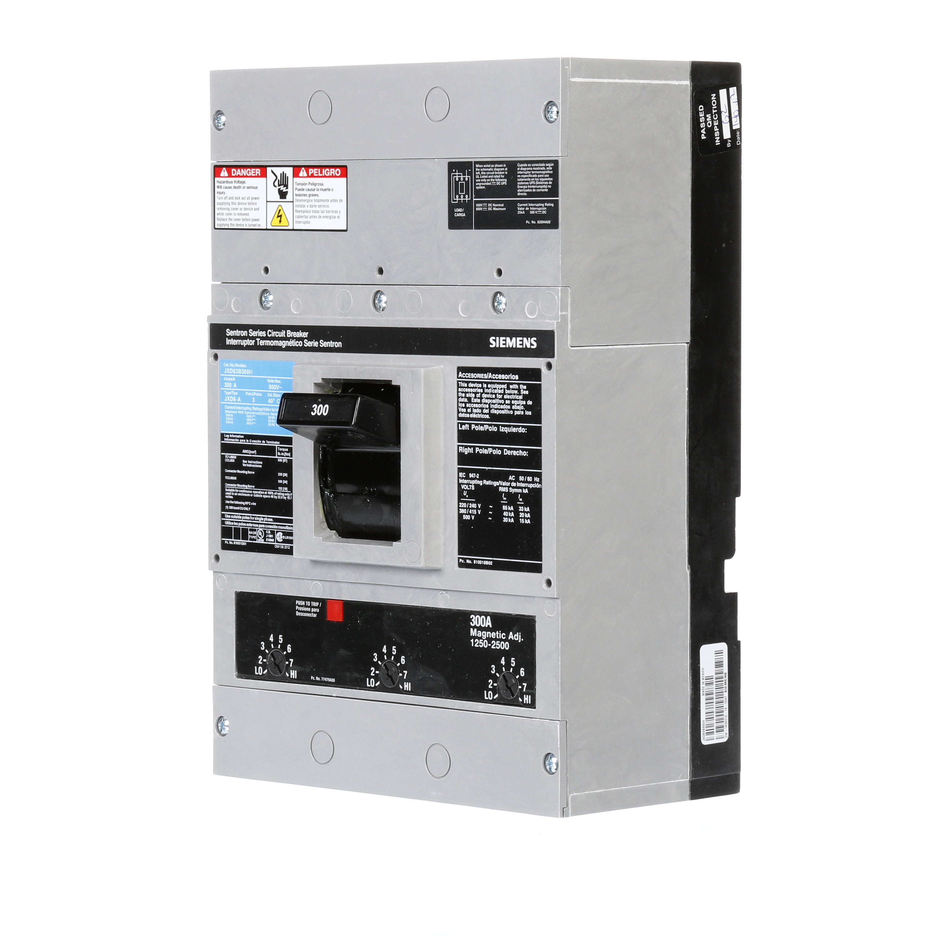 SIEMENS LOW VOLTAGE SENTRON MOLDED CASE CIRCUIT BREAKER WITH THERMAL - MAGNETICTRIP UNIT. ASSEMBLED 100 PERCENT RATED STANDARD 40 DEG C BREAKER JD FRAME WITH STANDARD BREAKING CAPACITY. 300A 3-POLE (25KAIC AT 600V) (35KAIC AT 480V). NON-INTERCHANGEABLE TRIP UNIT. SPECIAL FEATURES NO LUGS INSTALLED. DIMENSIONS (W x H x D) IN 7.50 x 11.0 x 4.00.
