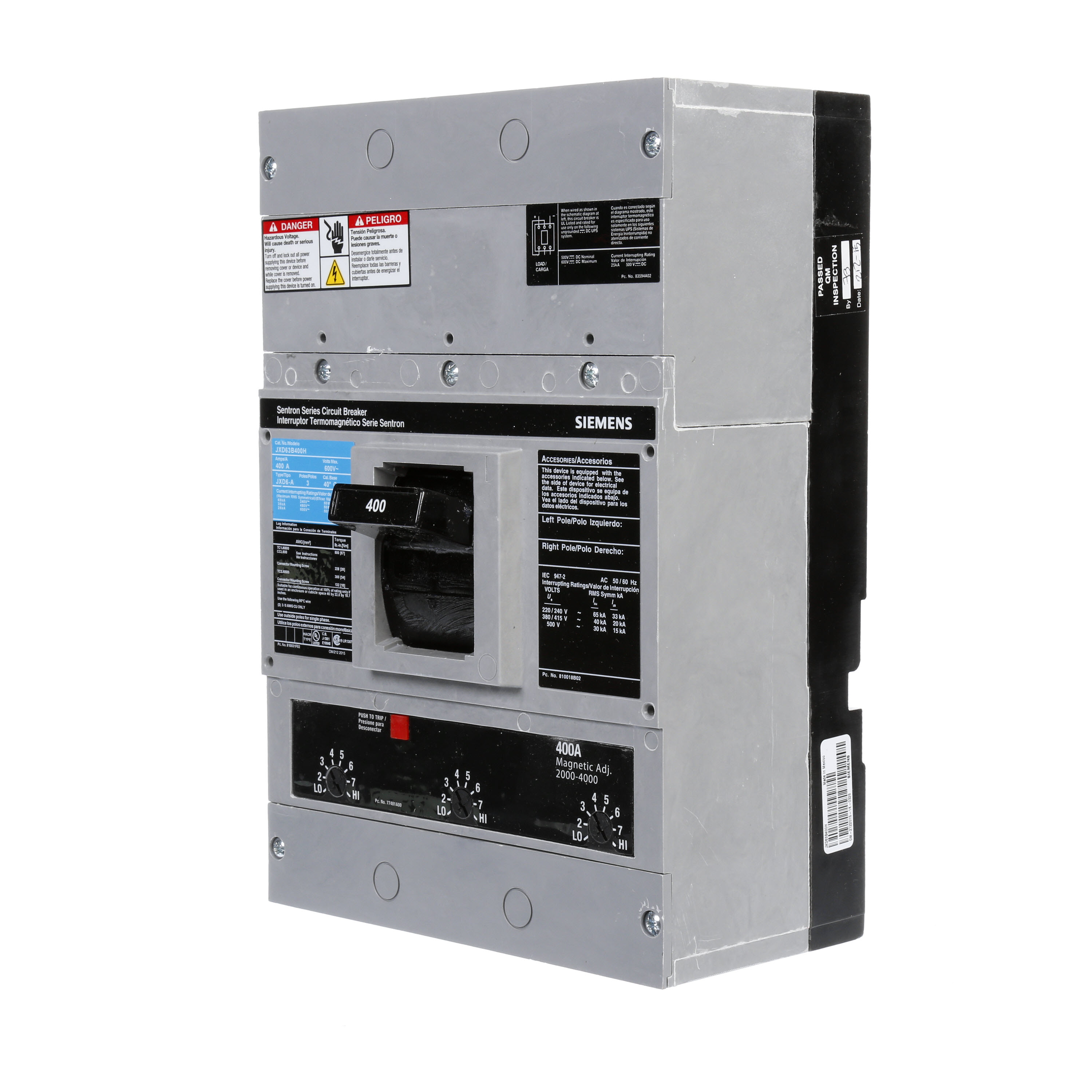 SIEMENS LOW VOLTAGE SENTRON MOLDED CASE CIRCUIT BREAKER WITH THERMAL - MAGNETICTRIP UNIT. ASSEMBLED 100 PERCENT RATED STANDARD 40 DEG C BREAKER JD FRAME WITH STANDARD BREAKING CAPACITY. 400A 3-POLE (25KAIC AT 600V) (35KAIC AT 480V). NON-INTERCHANGEABLE TRIP UNIT. SPECIAL FEATURES NO LUGS INSTALLED. DIMENSIONS (W x H x D) IN 7.50 x 11.0 x 4.00.