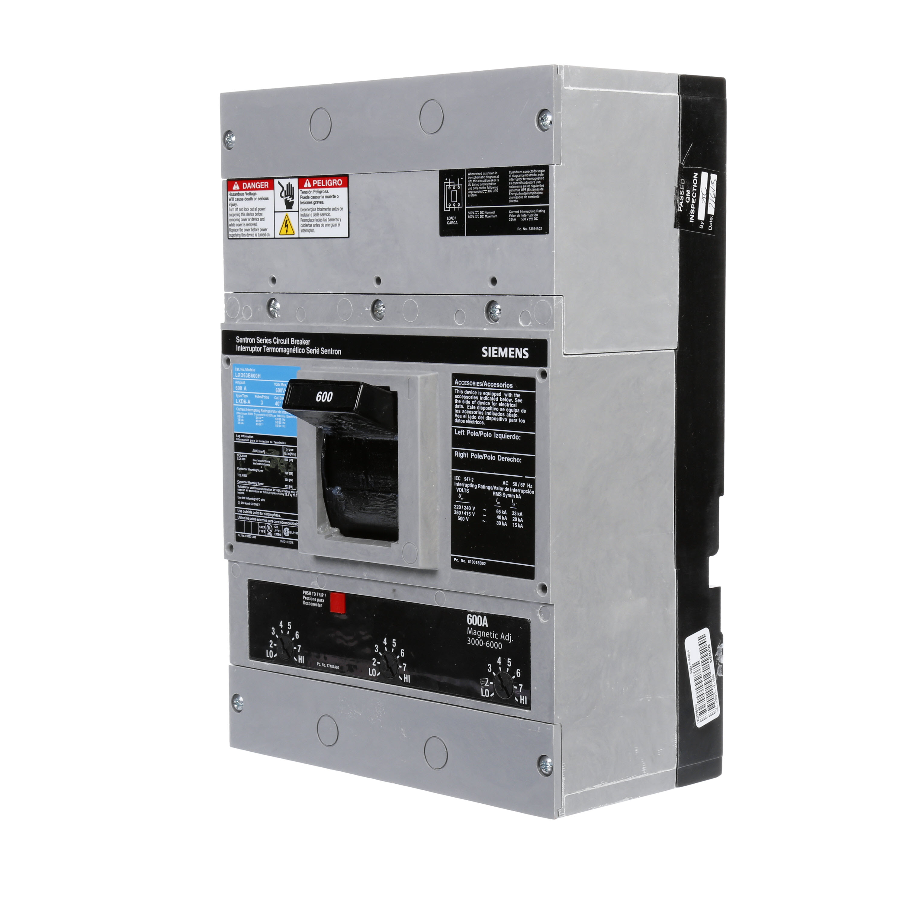 SIEMENS LOW VOLTAGE SENTRON MOLDED CASE CIRCUIT BREAKER WITH THERMAL - MAGNETICTRIP UNIT. ASSEMBLED 100 PERCENT RATED STANDARD 40 DEG C BREAKER LD FRAME WITH STANDARD BREAKING CAPACITY. 600A 3-POLE (25KAIC AT 600V) (35KAIC AT 480V). NON-INTERCHANGEABLE TRIP UNIT. SPECIAL FEATURES NO LUGS INSTALLED. DIMENSIONS (W x H x D) IN 7.50 x 11.0 x 4.00.