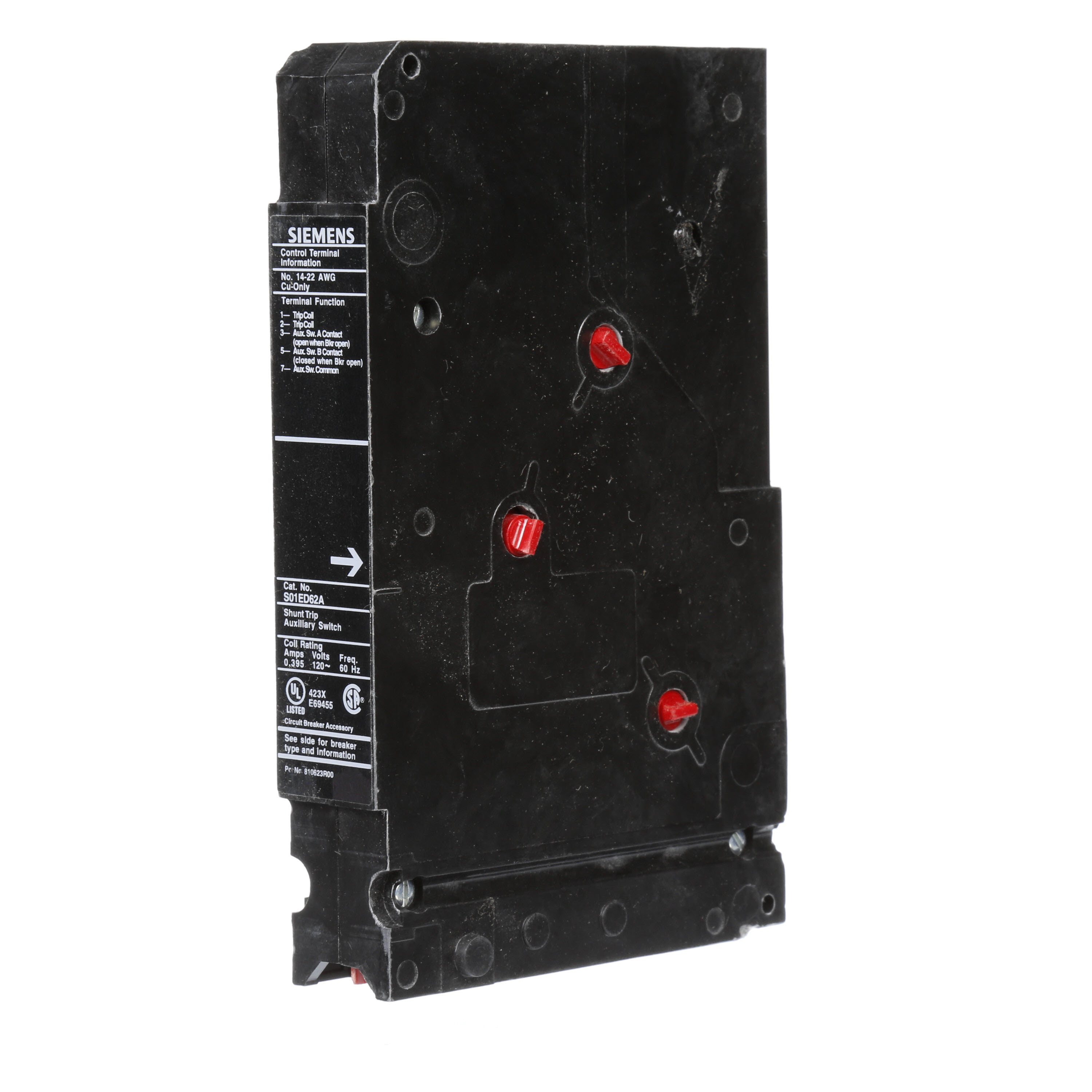 SIEMENS LOW VOLTAGE SENTRON MOLDED CASE CIRCUIT BREAKER INTERNAL ACCESSORY. 120VAC SHUNT TRIP COMBINATION WITH FORM C 240 VAC AUXILIARY SWITCH (1NO / 1NC). SUITS ED FRAME BREAKERS.