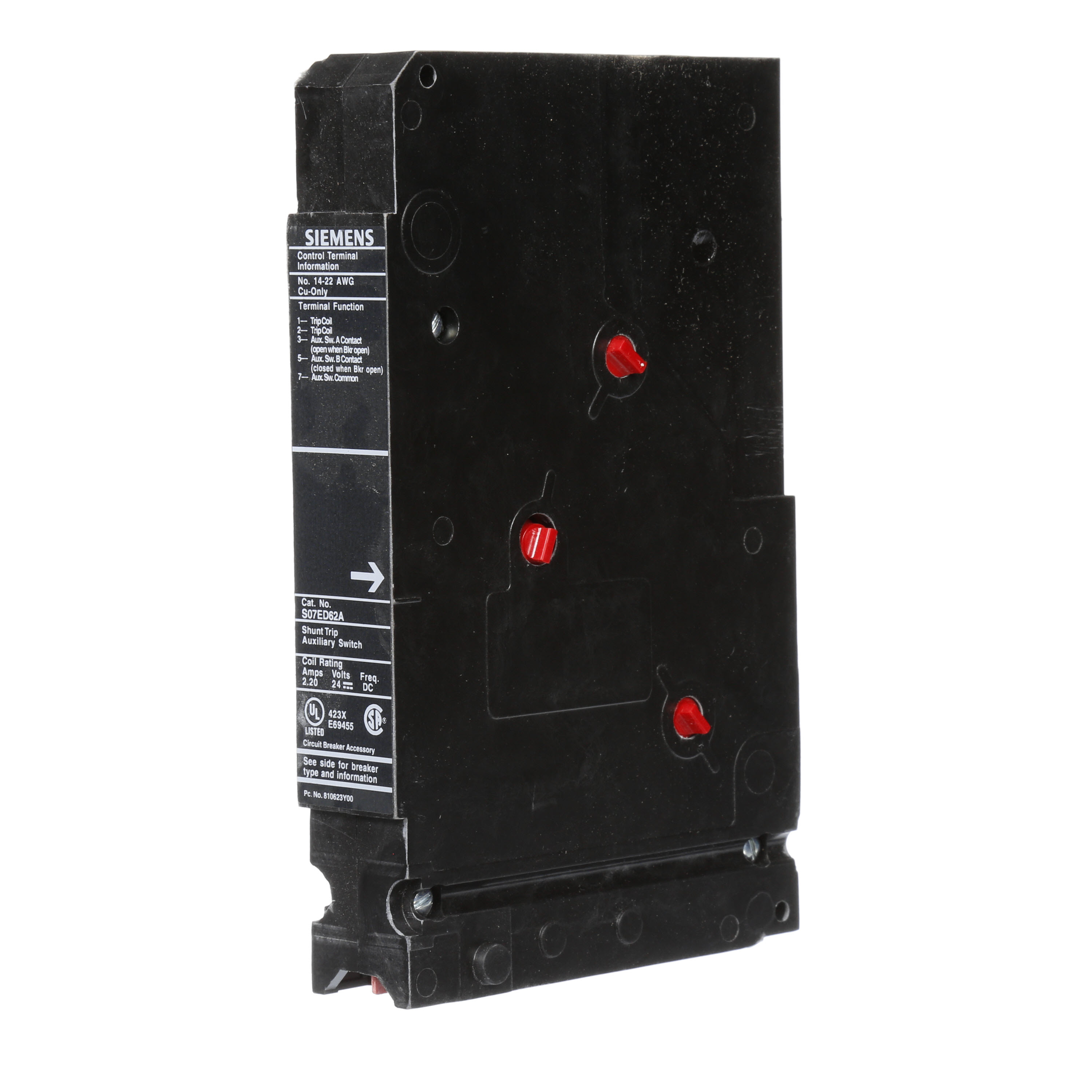SIEMENS LOW VOLTAGE SENTRON MOLDED CASE CIRCUIT BREAKER INTERNAL ACCESSORY. 24 VDC SHUNT TRIP COMBINATION WITH FORM C 240 VAC AUXILIARY SWITCH (1NO / 1NC). SUITS ED FRAME BREAKERS.