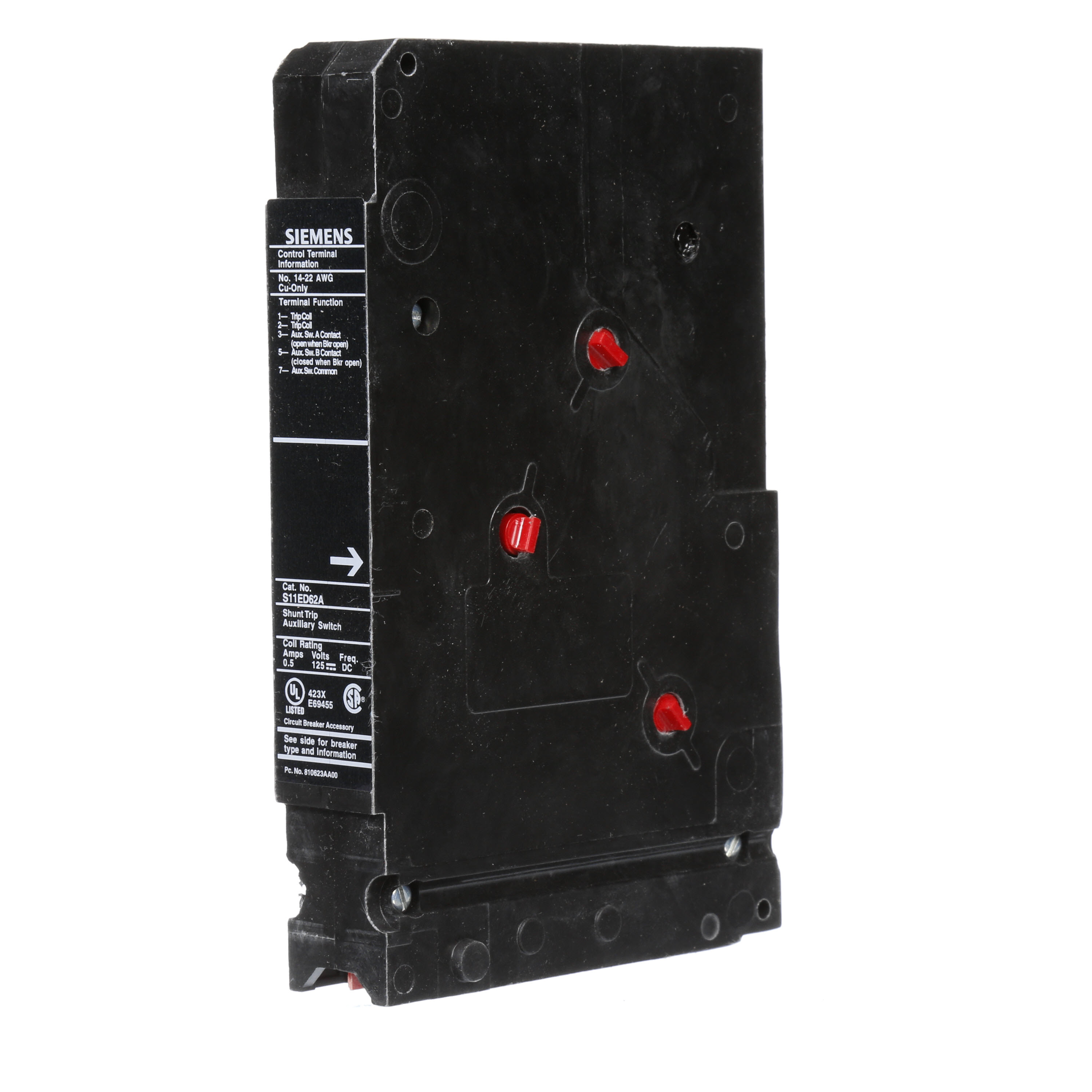 SIEMENS LOW VOLTAGE SENTRON MOLDED CASE CIRCUIT BREAKER INTERNAL ACCESSORY. 125VDC SHUNT TRIP COMBINATION WITH FORM C 240 VAC AUXILIARY SWITCH (1NO / 1NC). SUITS ED FRAME BREAKERS.