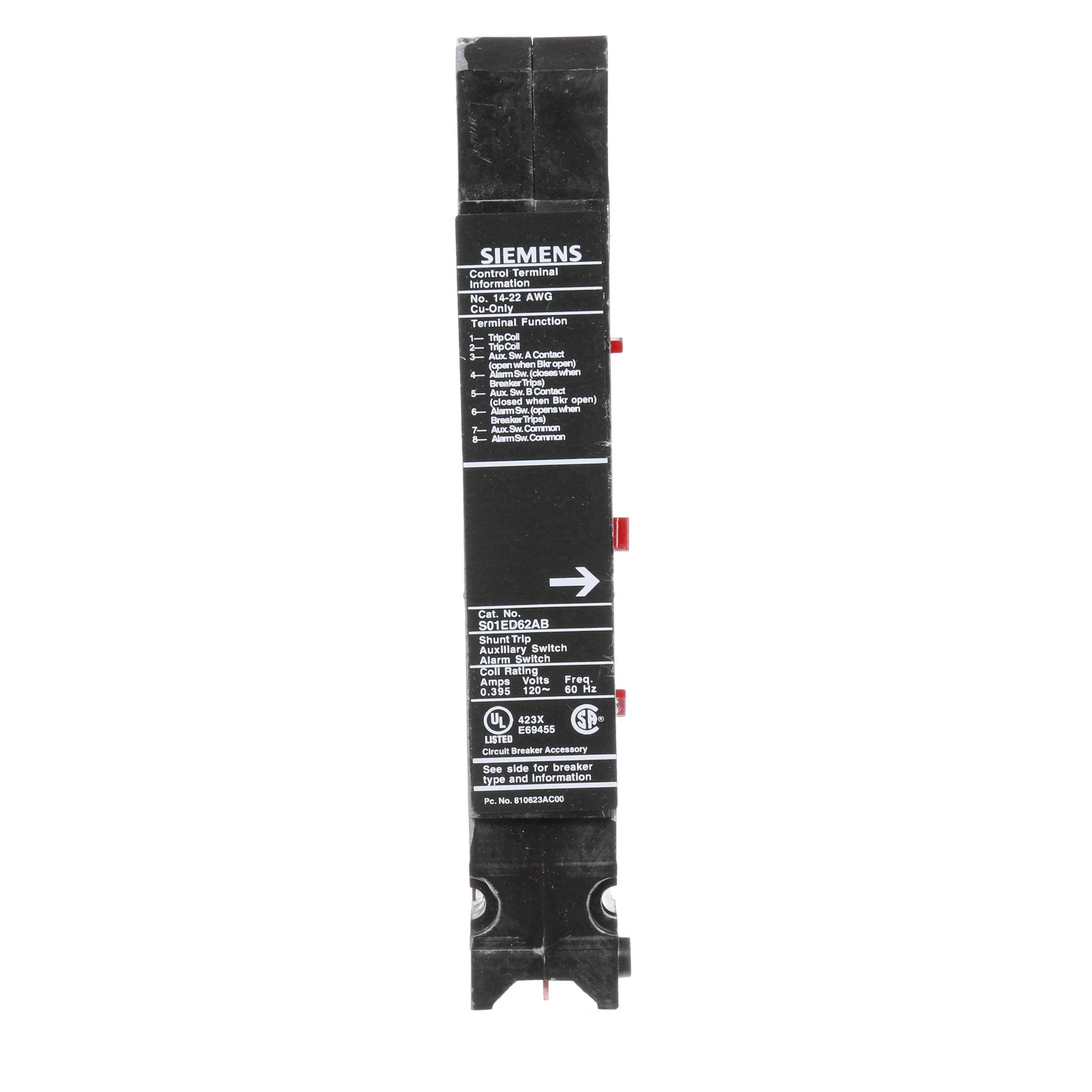 SIEMENS LOW VOLTAGE SENTRON MOLDED CASE CIRCUIT BREAKER INTERNAL ACCESSORY. 120VAC SHUNT TRIP COMBINATION WITH 240 VAC BELL ALARM AND FORM C 240 VAC AUXILIARYSWITCH (1NO / 1NC). SUITS ED FRAME BREAKERS.