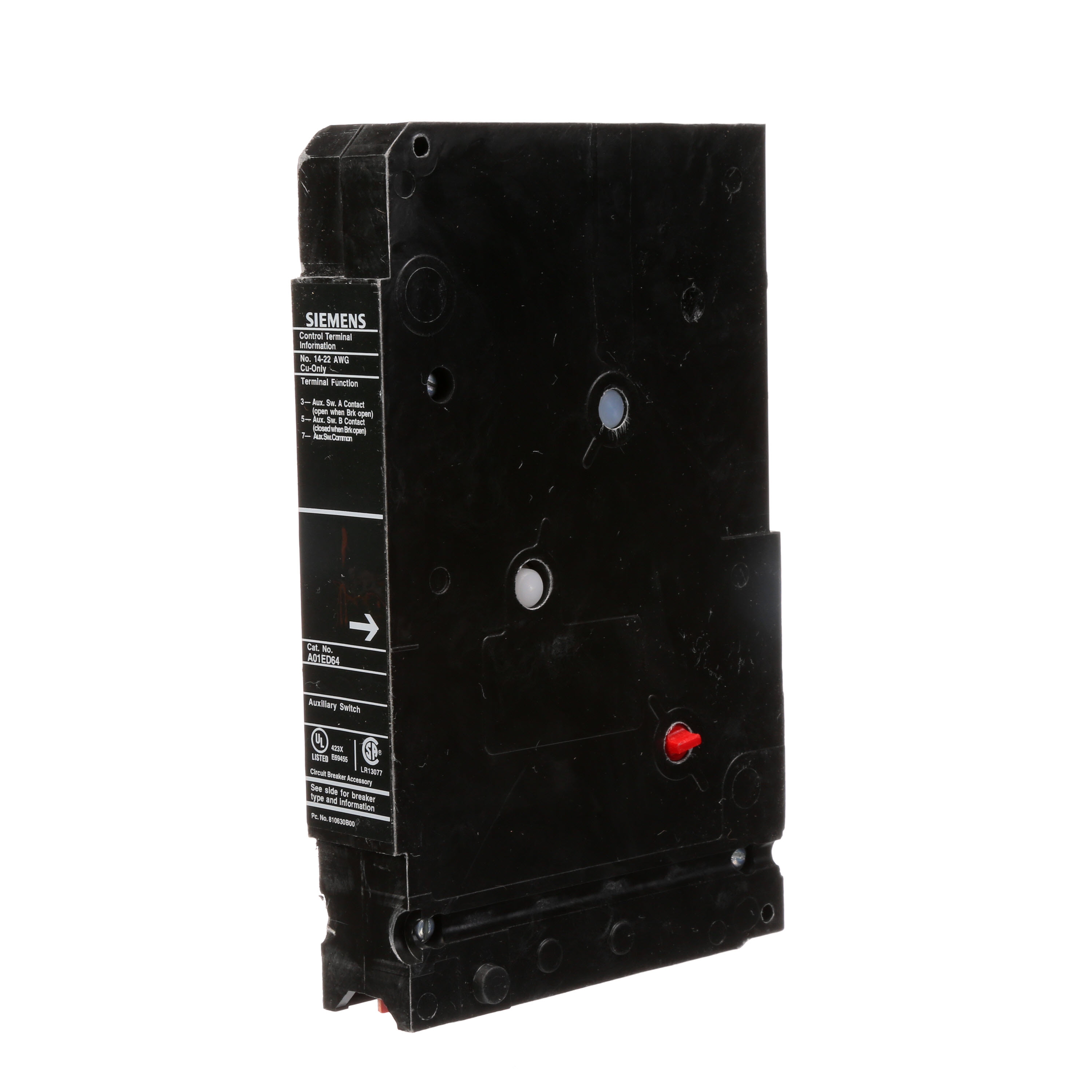 SIEMENS LOW VOLTAGE SENTRON MOLDED CASE CIRCUIT BREAKER INTERNAL ACCESSORY. FORM C 480 VAC AUXILIARY SWITCH (1NO / 1NC). SUITS ED FRAME BREAKERS.