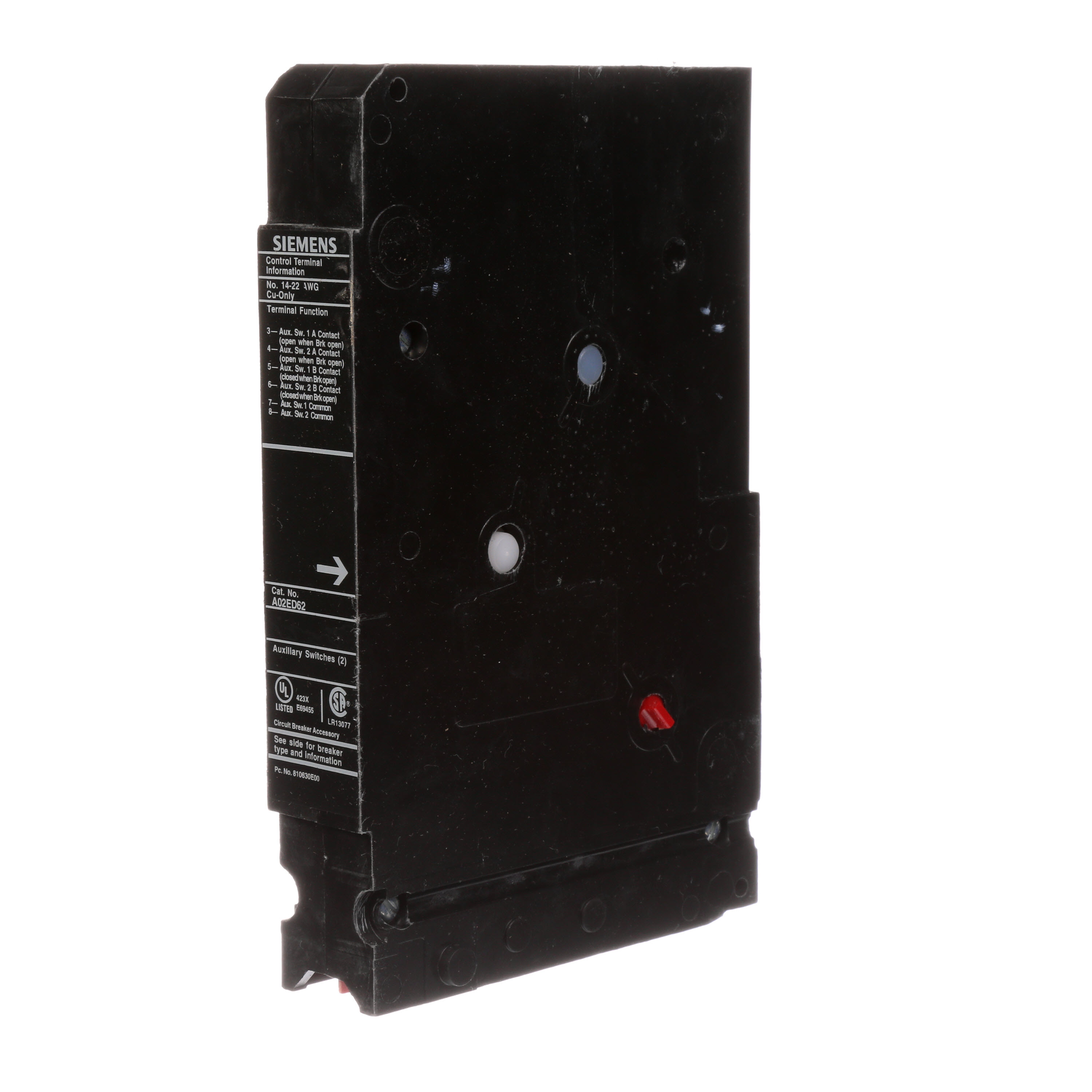 SIEMENS LOW VOLTAGE SENTRON MOLDED CASE CIRCUIT BREAKER INTERNAL ACCESSORY. TWOFORM C 240 VAC AUXILIARY SWITCH (1NO / 1NC). SUITS ED FRAME BREAKERS.