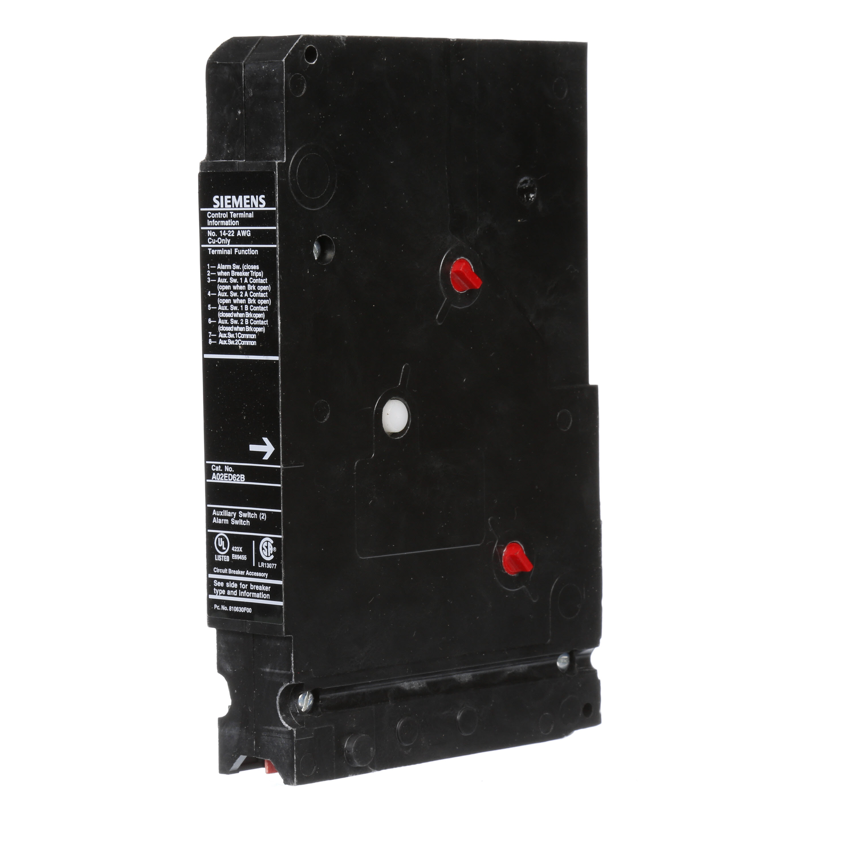 SIEMENS LOW VOLTAGE SENTRON MOLDED CASE CIRCUIT BREAKER INTERNAL ACCESSORY. 240VAC BELL ALARM COMBINATION WITH TWO FORM C 240 VAC A UXILIARY SWITCH (1NO / 1NC). SUITS ED FRAME BREAKERS.