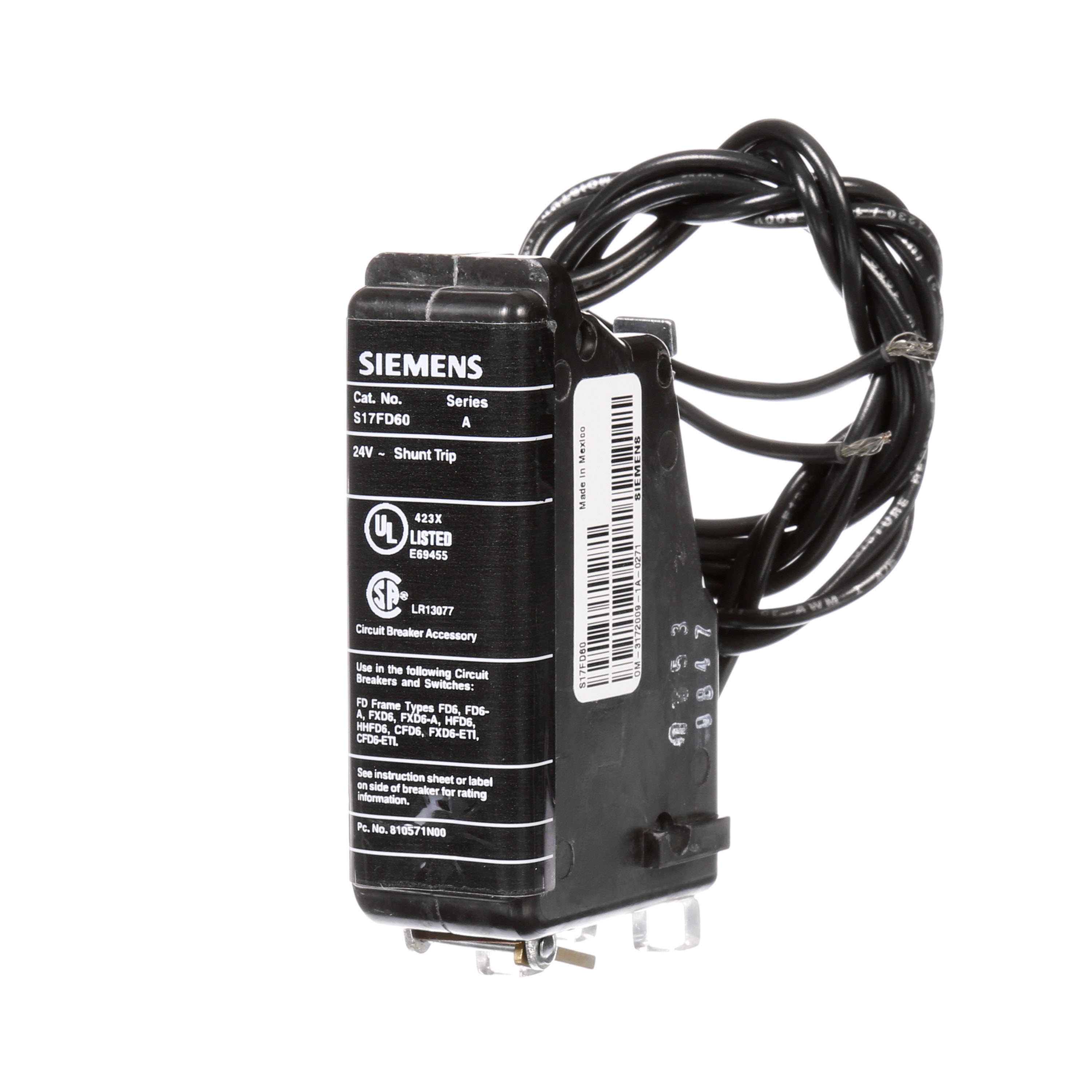 SIEMENS LOW VOLTAGE SENTRON MOLDED CASE CIRCUIT BREAKER INTERNAL ACCESSORY. 24 VAC SHUNT TRIP. SUITS FD FRAME BREAKERS.
