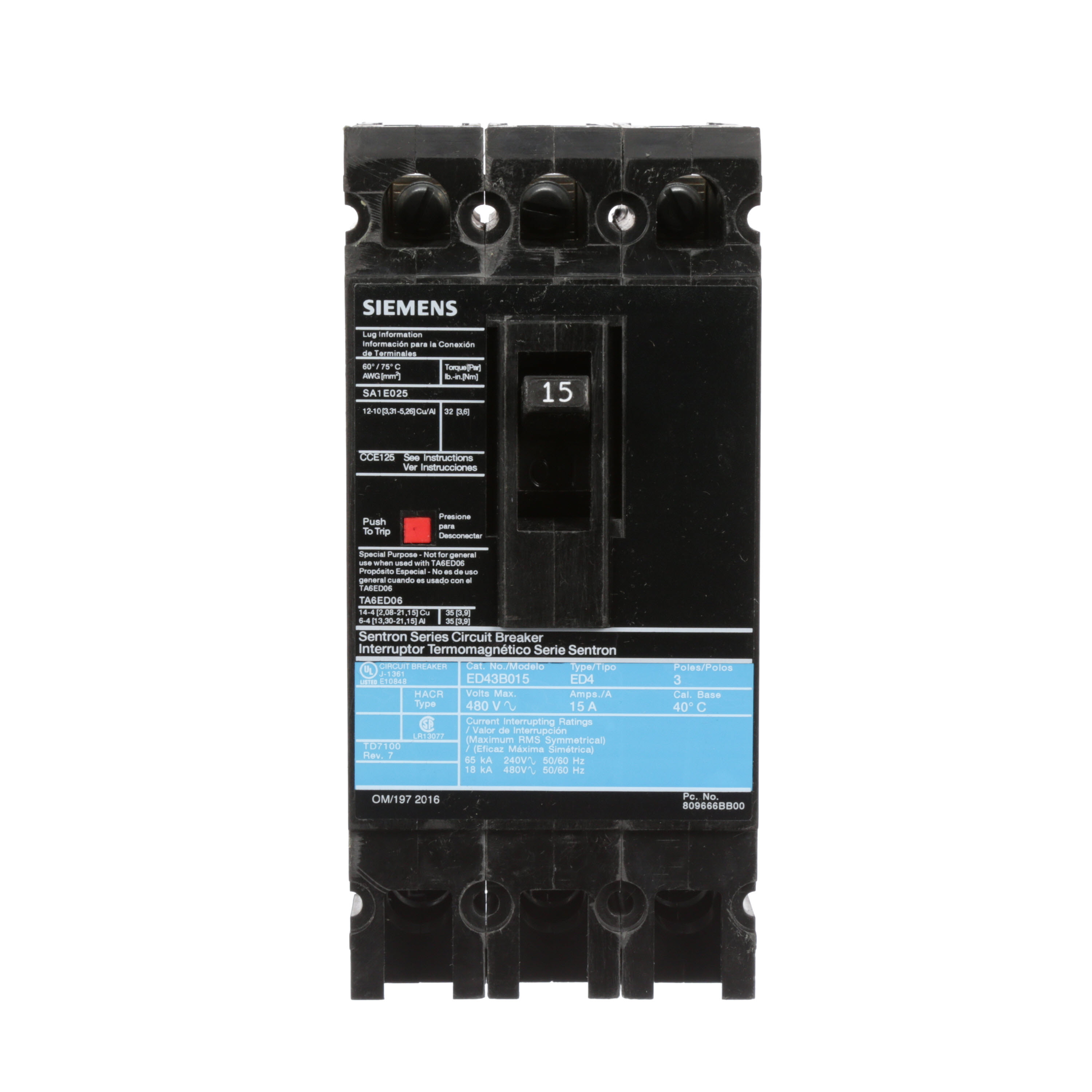 SIEMENS LOW VOLTAGE SENTRON MOLDED CASE CIRCUIT BREAKER WITH THERMAL - MAGNETICTRIP UNIT. STANDARD 40 DEG C BREAKER ED FRAME WITH STANDARD BREAKING CAPACITY. 15A 3-POLE (18KAIC AT 480V). NON-INTERCHANGEABLE TRIP UNIT. SPECIAL FEATURES LINE AND LOAD SIDE LUGS (SA1E025) WIRE RANGE 14 - 10AWG (CU) / 12 - 10AWG (AL). DIMENSIONS (W x H x D) IN 3.00 x 6.4 x 3.92.