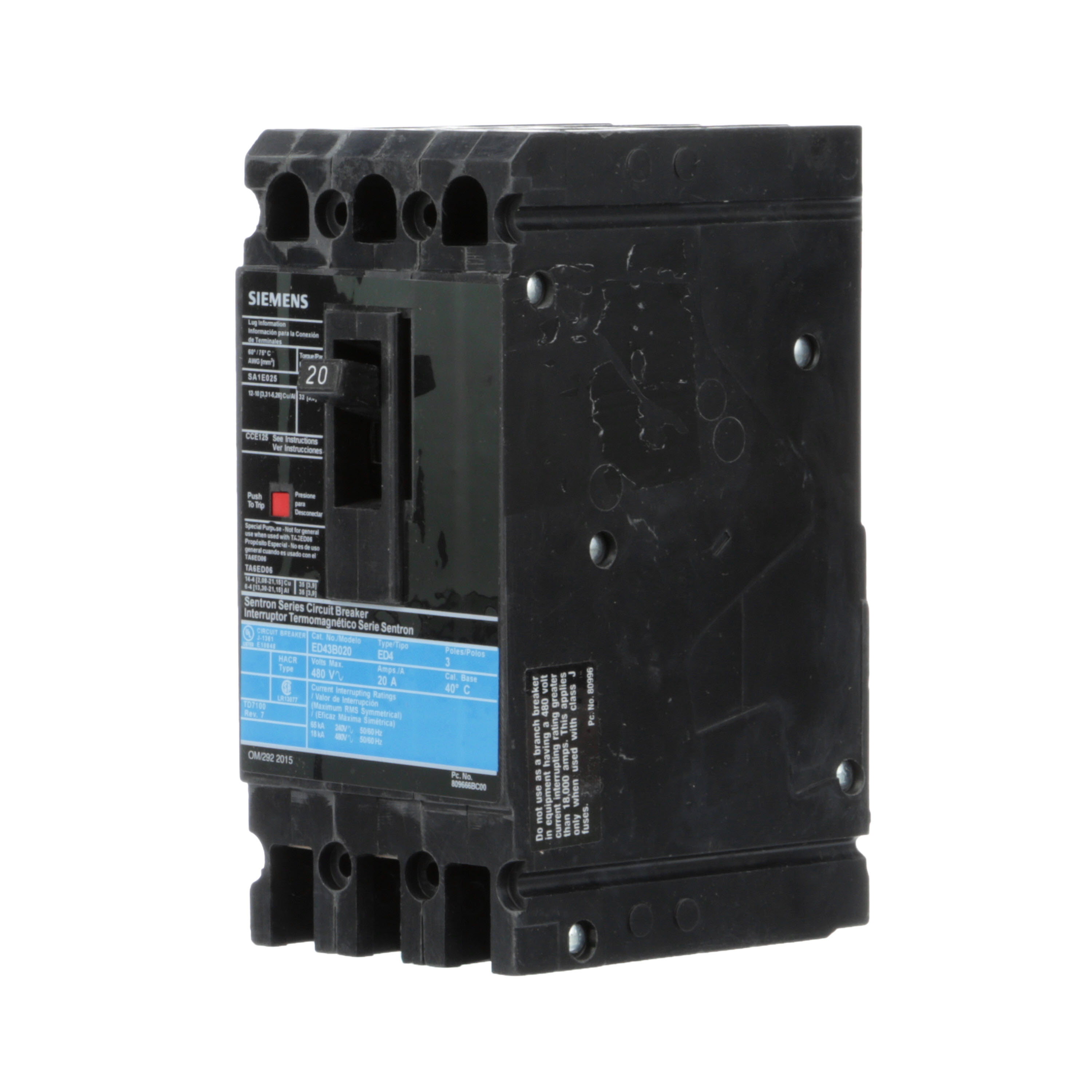 SIEMENS LOW VOLTAGE SENTRON MOLDED CASE CIRCUIT BREAKER WITH THERMAL - MAGNETICTRIP UNIT. STANDARD 40 DEG C BREAKER ED FRAME WITH STANDARD BREAKING CAPACITY. 20A 3-POLE (18KAIC AT 480V). NON-INTERCHANGEABLE TRIP UNIT. SPECIAL FEATURES LINE AND LOAD SIDE LUGS (SA1E025) WIRE RANGE 14 - 10AWG (CU) / 12 - 10AWG (AL). DIMENSIONS (W x H x D) IN 3.00 x 6.4 x 3.92.