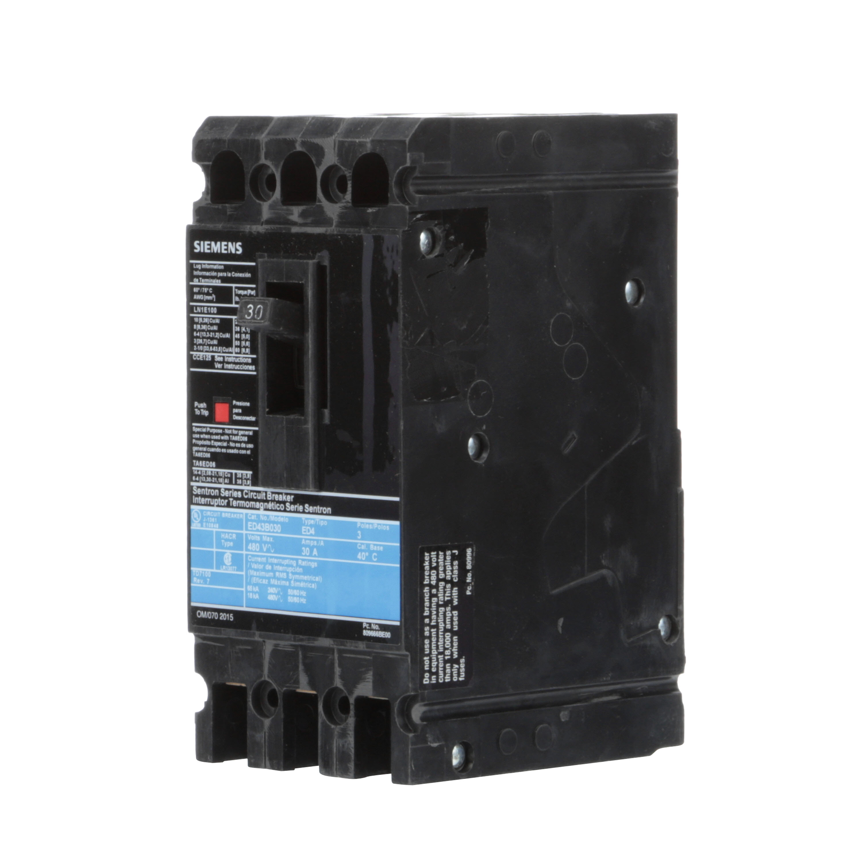 SIEMENS LOW VOLTAGE SENTRON MOLDED CASE CIRCUIT BREAKER WITH THERMAL - MAGNETICTRIP UNIT. STANDARD 40 DEG C BREAKER ED FRAME WITH STANDARD BREAKING CAPACITY. 30A 3-POLE (18KAIC AT 480V). NON-INTERCHANGEABLE TRIP UNIT. SPECIAL FEATURES LINE AND LOAD SIDE LUGS (LN1E100) WIRE RANGE 10 - 1/0AWG (CU/AL). DIMENSIONS (W x Hx D) IN 3.00 x 6.4 x 3.92.
