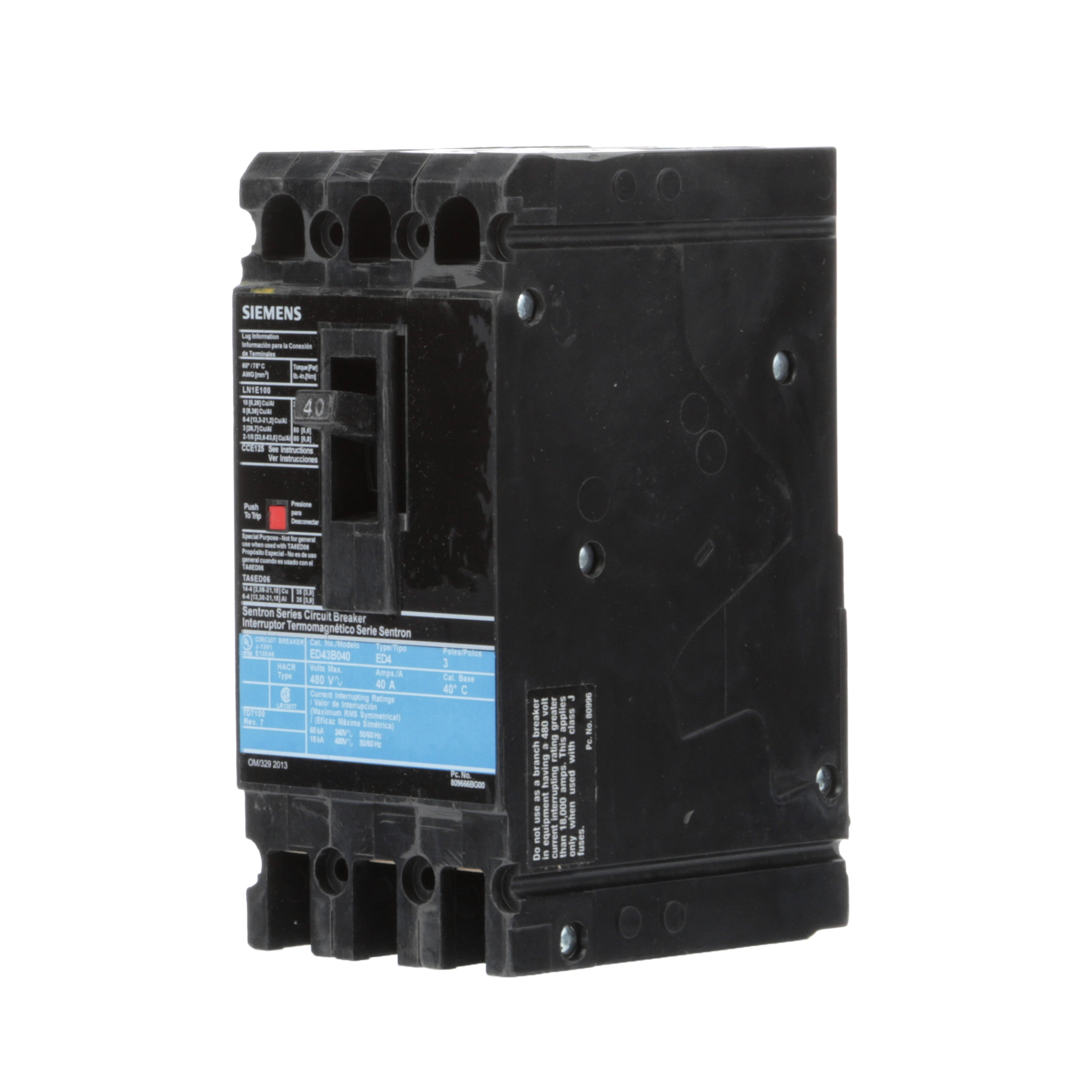 SIEMENS LOW VOLTAGE SENTRON MOLDED CASE CIRCUIT BREAKER WITH THERMAL - MAGNETICTRIP UNIT. STANDARD 40 DEG C BREAKER ED FRAME WITH STANDARD BREAKING CAPACITY. 40A 3-POLE (18KAIC AT 480V). NON-INTERCHANGEABLE TRIP UNIT. SPECIAL FEATURES LINE AND LOAD SIDE LUGS (LN1E100) WIRE RANGE 10 - 1/0AWG (CU/AL). DIMENSIONS (W x Hx D) IN 3.00 x 6.4 x 3.92.