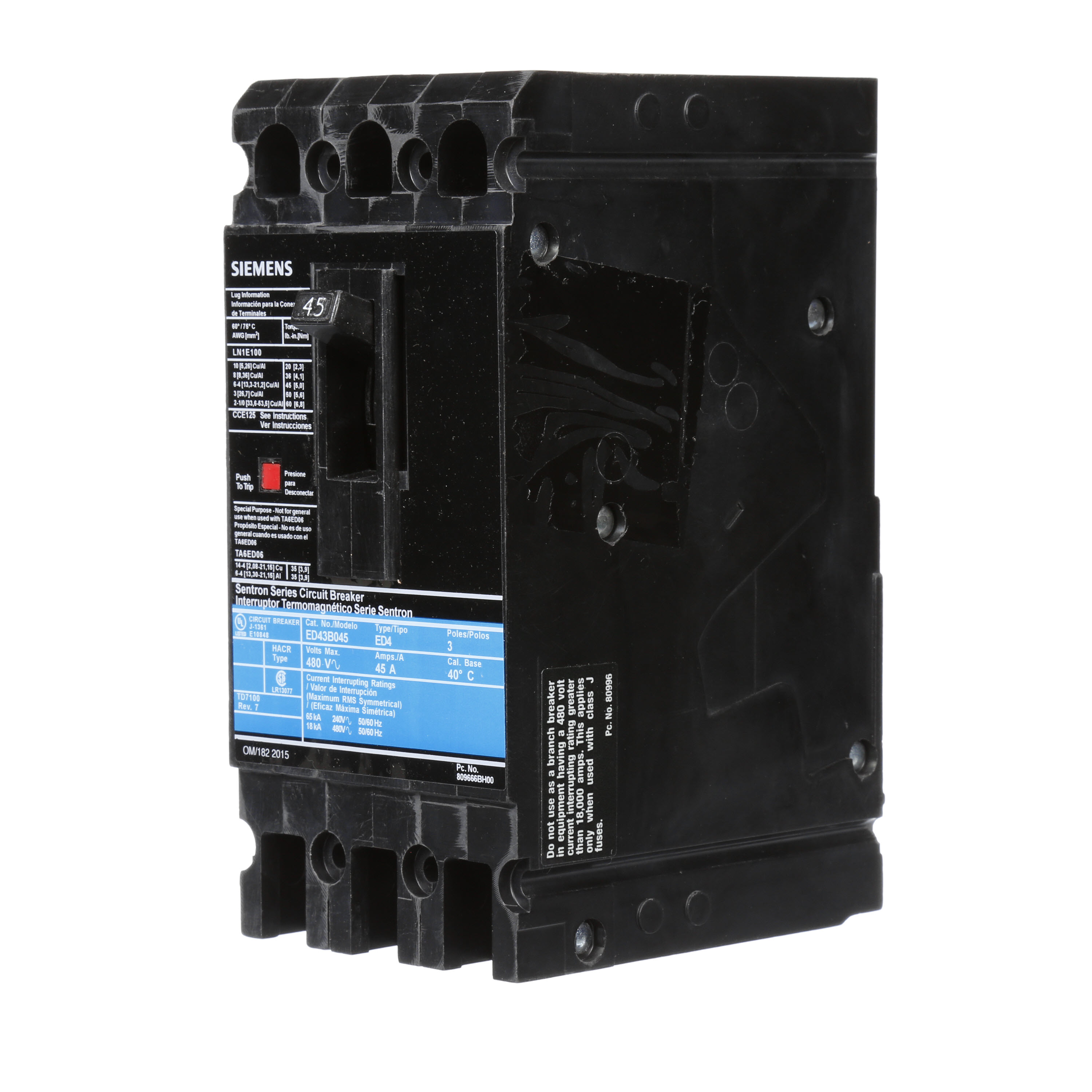 SIEMENS LOW VOLTAGE SENTRON MOLDED CASE CIRCUIT BREAKER WITH THERMAL - MAGNETICTRIP UNIT. STANDARD 40 DEG C BREAKER ED FRAME WITH STANDARD BREAKING CAPACITY. 45A 3-POLE (18KAIC AT 480V). NON-INTERCHANGEABLE TRIP UNIT. SPECIAL FEATURES LINE AND LOAD SIDE LUGS (LN1E100) WIRE RANGE 10 - 1/0AWG (CU/AL). DIMENSIONS (W x Hx D) IN 3.00 x 6.4 x 3.92.