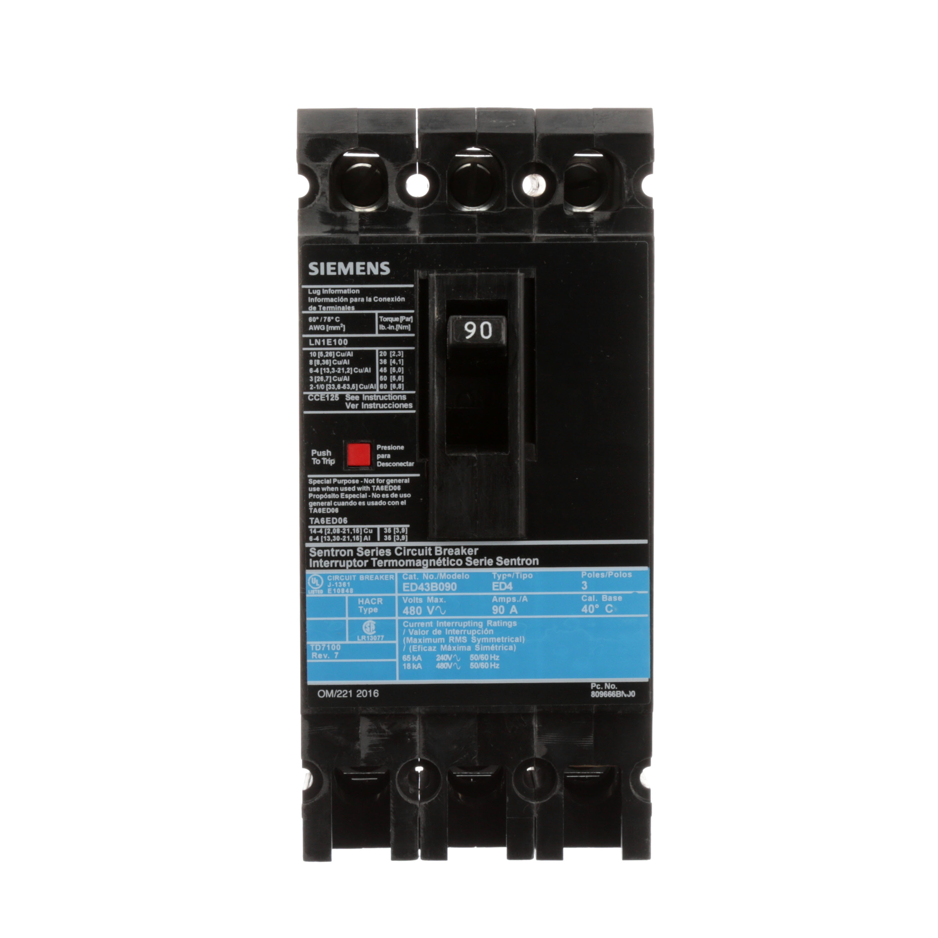 SIEMENS LOW VOLTAGE SENTRON MOLDED CASE CIRCUIT BREAKER WITH THERMAL - MAGNETICTRIP UNIT. STANDARD 40 DEG C BREAKER ED FRAME WITH STANDARD BREAKING CAPACITY. 90A 3-POLE (18KAIC AT 480V). NON-INTERCHANGEABLE TRIP UNIT. SPECIAL FEATURES LINE AND LOAD SIDE LUGS (LN1E100) WIRE RANGE 10 - 1/0AWG (CU/AL). DIMENSIONS (W x Hx D) IN 3.00 x 6.4 x 3.92.