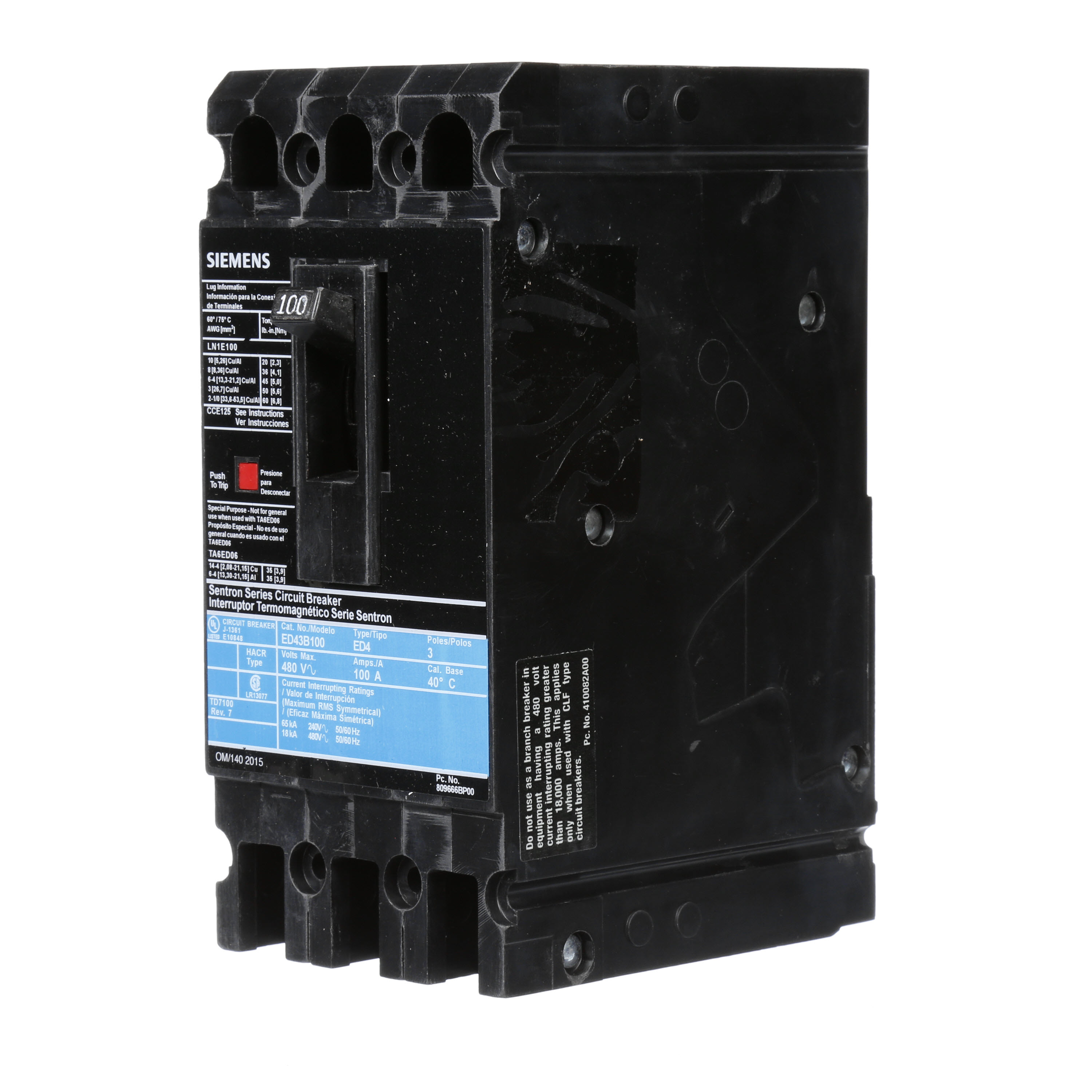 SIEMENS LOW VOLTAGE SENTRON MOLDED CASE CIRCUIT BREAKER WITH THERMAL - MAGNETICTRIP UNIT. STANDARD 40 DEG C BREAKER ED FRAME WITH STANDARD BREAKING CAPACITY. 100A 3-POLE (18KAIC AT 480V). NON-INTERCHANGEABLE TRIP UNIT. SPECIAL FEATURES LINE AND LOAD SIDE LUGS (LN1E100) WIRE RANGE 10 - 1/0AWG (CU/AL). DIMENSIONS (W x H x D) IN 3.00 x 6.4 x 3.92.