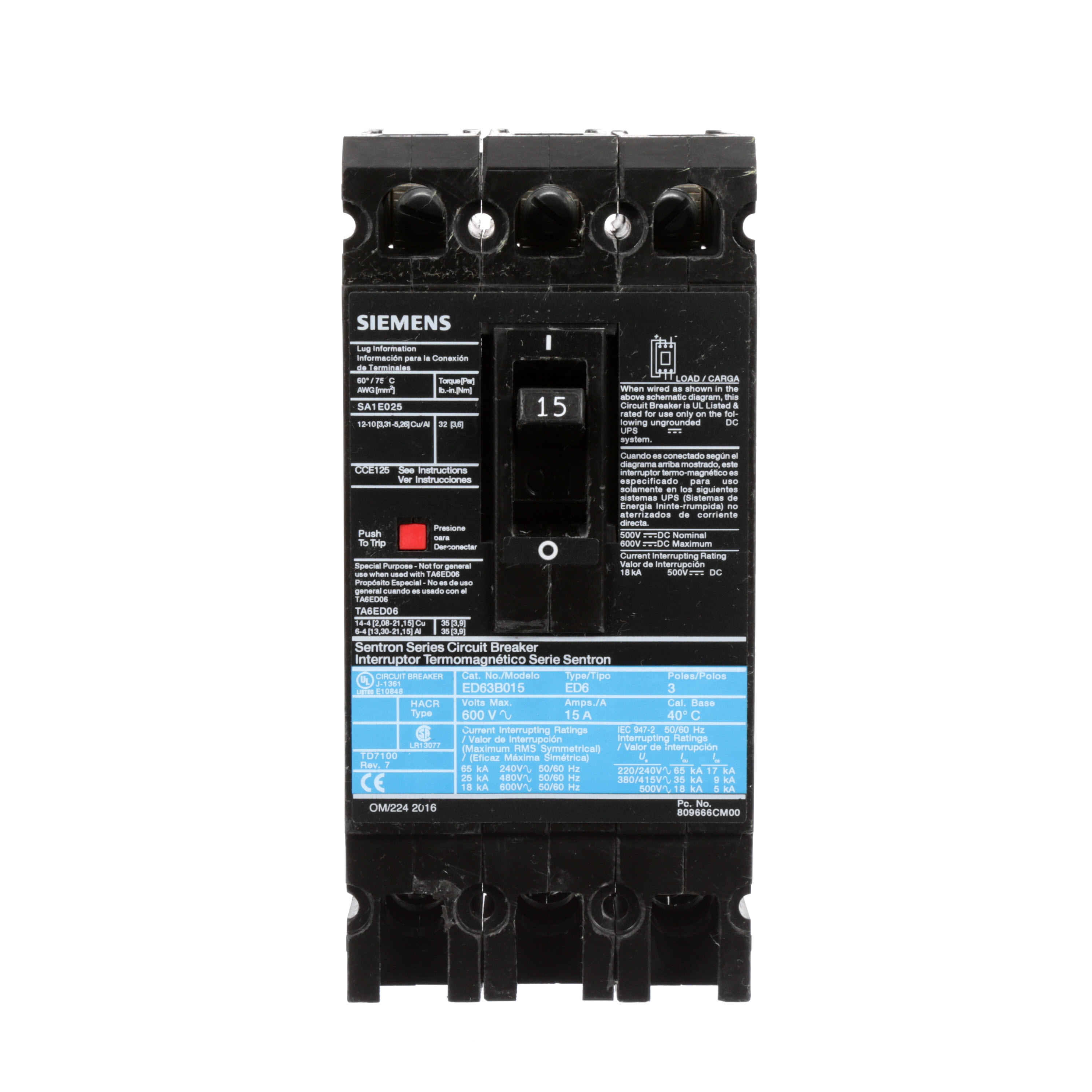 SIEMENS LOW VOLTAGE SENTRON MOLDED CASE CIRCUIT BREAKER WITH THERMAL - MAGNETICTRIP UNIT. STANDARD 40 DEG C BREAKER ED FRAME WITH STANDARD BREAKING CAPACITY. 15A 3-POLE (18KAIC AT 600V) (25KAIC AT 480V). NON-INTERCHANGEABLE TRIP UNIT. SPECIAL FEATURES LINE AND LOAD SIDE LUGS (SA1E025) WIRE RANGE 14 - 10AWG (CU) / 12 - 10AWG (AL). DIMENSIONS (W x H x D) IN 3.00 x 6.4 x 3.92.
