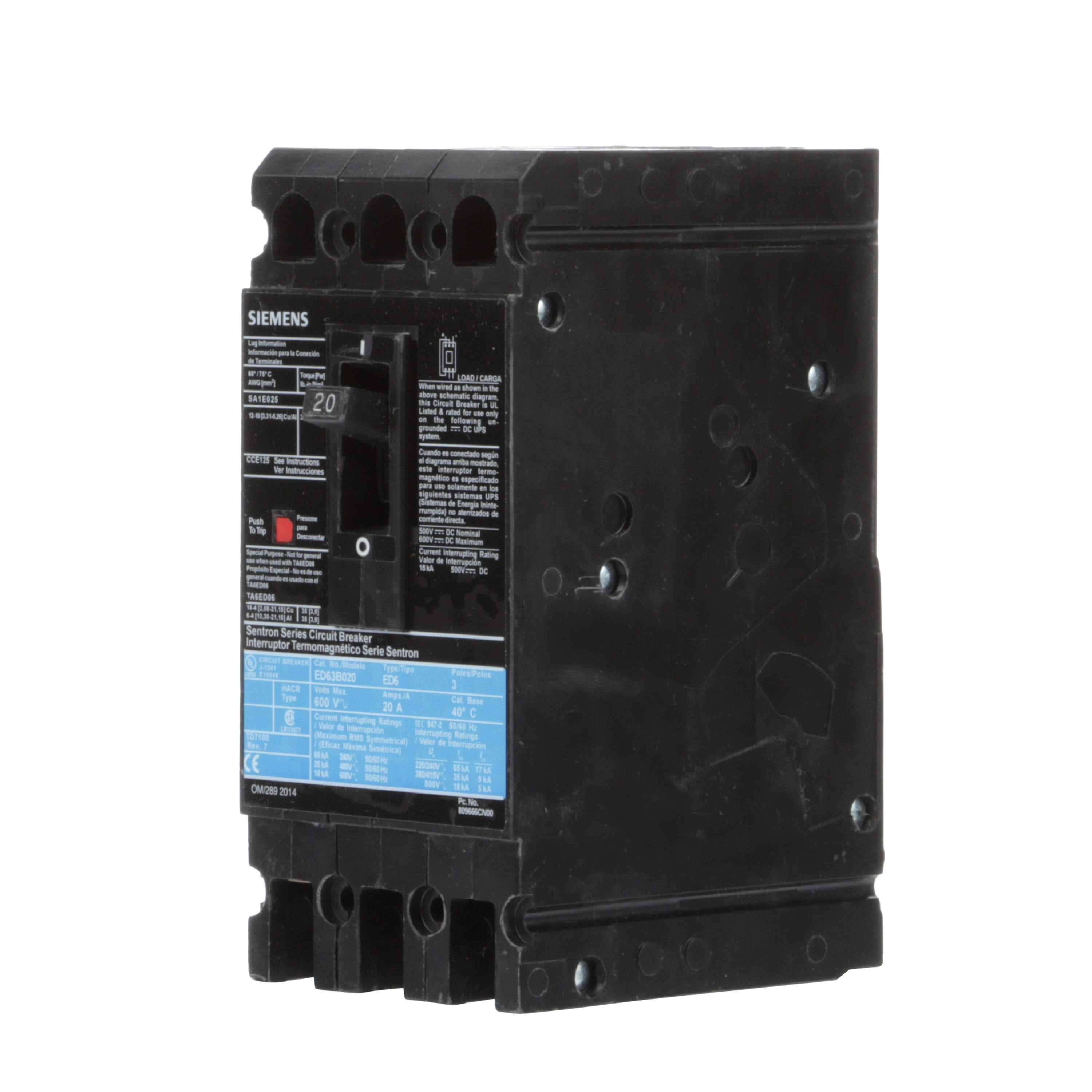 SIEMENS LOW VOLTAGE SENTRON MOLDED CASE CIRCUIT BREAKER WITH THERMAL - MAGNETICTRIP UNIT. STANDARD 40 DEG C BREAKER ED FRAME WITH STANDARD BREAKING CAPACITY. 20A 3-POLE (18KAIC AT 600V) (25KAIC AT 480V). NON-INTERCHANGEABLE TRIP UNIT. SPECIAL FEATURES LINE AND LOAD SIDE LUGS (SA1E025) WIRE RANGE 14 - 10AWG (CU) / 12 - 10AWG (AL). DIMENSIONS (W x H x D) IN 3.00 x 6.4 x 3.92.