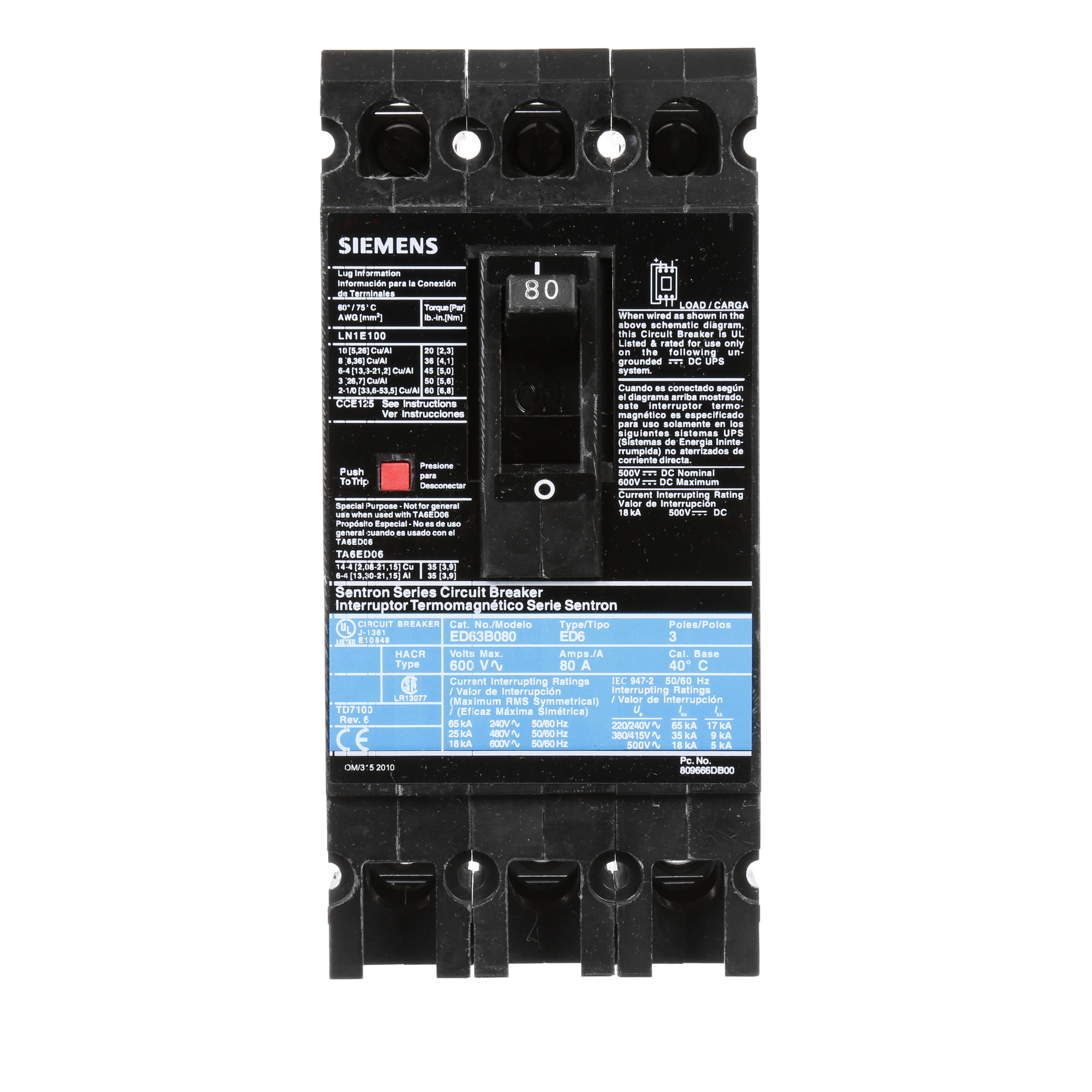 SIEMENS LOW VOLTAGE SENTRON MOLDED CASE CIRCUIT BREAKER WITH THERMAL - MAGNETICTRIP UNIT. STANDARD 40 DEG C BREAKER ED FRAME WITH STANDARD BREAKING CAPACITY. 80A 3-POLE (18KAIC AT 600V) (25KAIC AT 480V). NON-INTERCHANGEABLE TRIP UNIT. SPECIAL FEATURES LINE AND LOAD SIDE LUGS (LN1E100) WIRE RANGE 10 - 1/0AWG (CU/AL). DIMENSIONS (W x H x D) IN 3.00 x 6.4 x 3.92.
