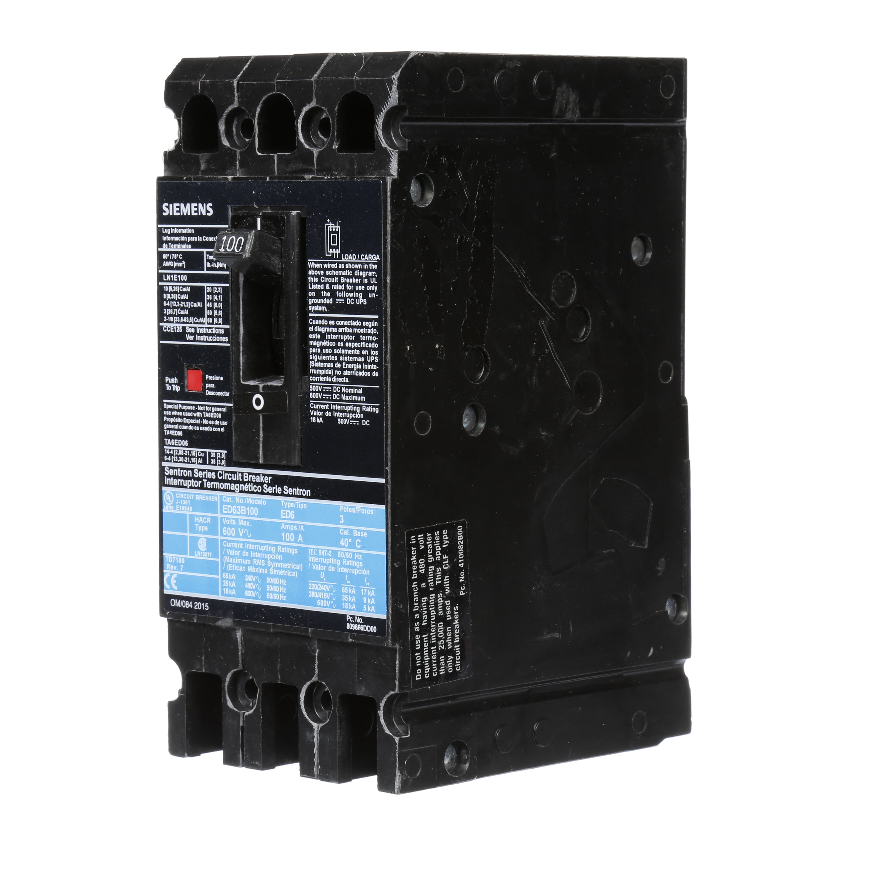 SIEMENS LOW VOLTAGE SENTRON MOLDED CASE CIRCUIT BREAKER WITH THERMAL - MAGNETICTRIP UNIT. STANDARD 40 DEG C BREAKER ED FRAME WITH STANDARD BREAKING CAPACITY. 100A 3-POLE (18KAIC AT 600V) (25KAIC AT 480V). NON-INTERCHANGEABLE TRIP UNIT. SPECIAL FEATURES LINE AND LOAD SIDE LUGS (LN1E100) WIRE RANGE 10 - 1/0AWG (CU/AL).DIMENSIONS (W x H x D) IN 3.00 x 6.4 x 3.92.