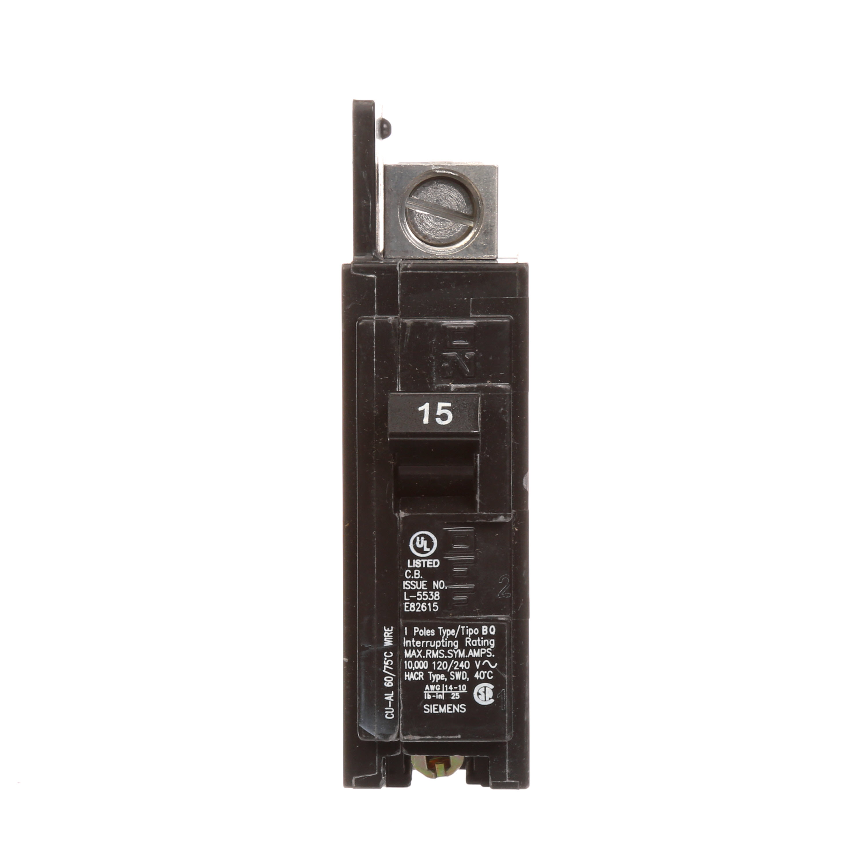 Siemens Low Voltage Molded Case Circuit Breakers General Purpose MCCBs are Circuit Protection Molded Case Circuit Breakers. 1-Pole circuit breaker type BQ. Rated 120V (015A) (AIR 10 kA). Special features line side lugs included. Note Load side lugs are included.