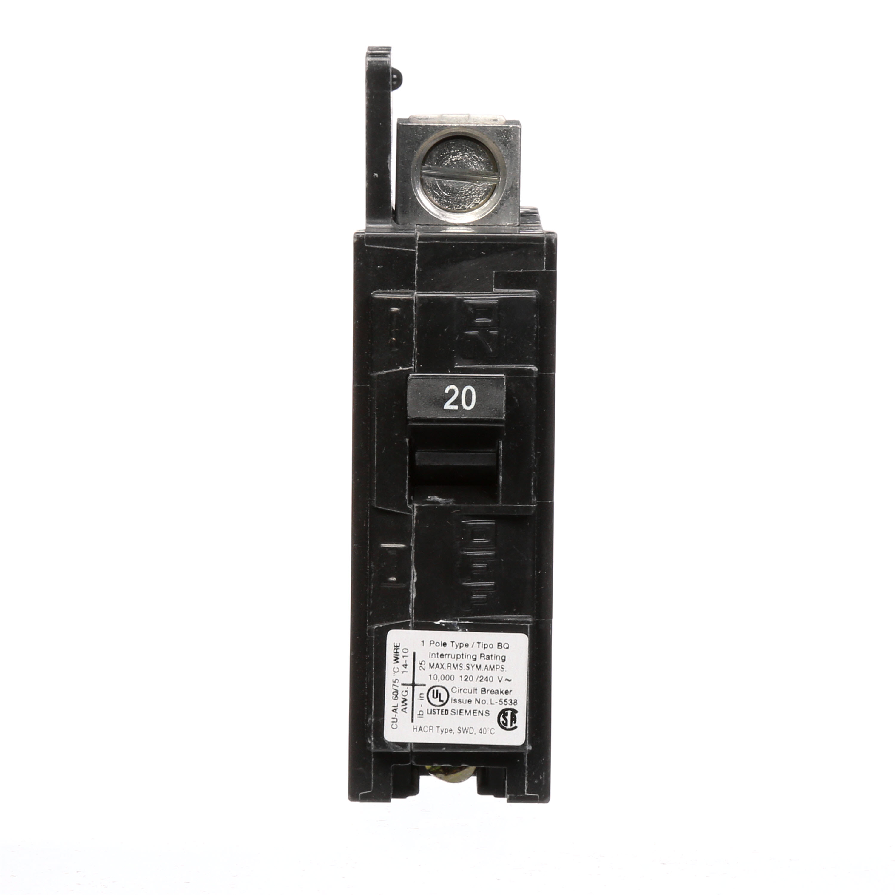 Siemens Low Voltage Molded Case Circuit Breakers General Purpose MCCBs are Circuit Protection Molded Case Circuit Breakers. 1-Pole circuit breaker type BQ. Rated 120V (020A) (AIR 10 kA). Special features line side lugs included. Note Load side lugs are included.