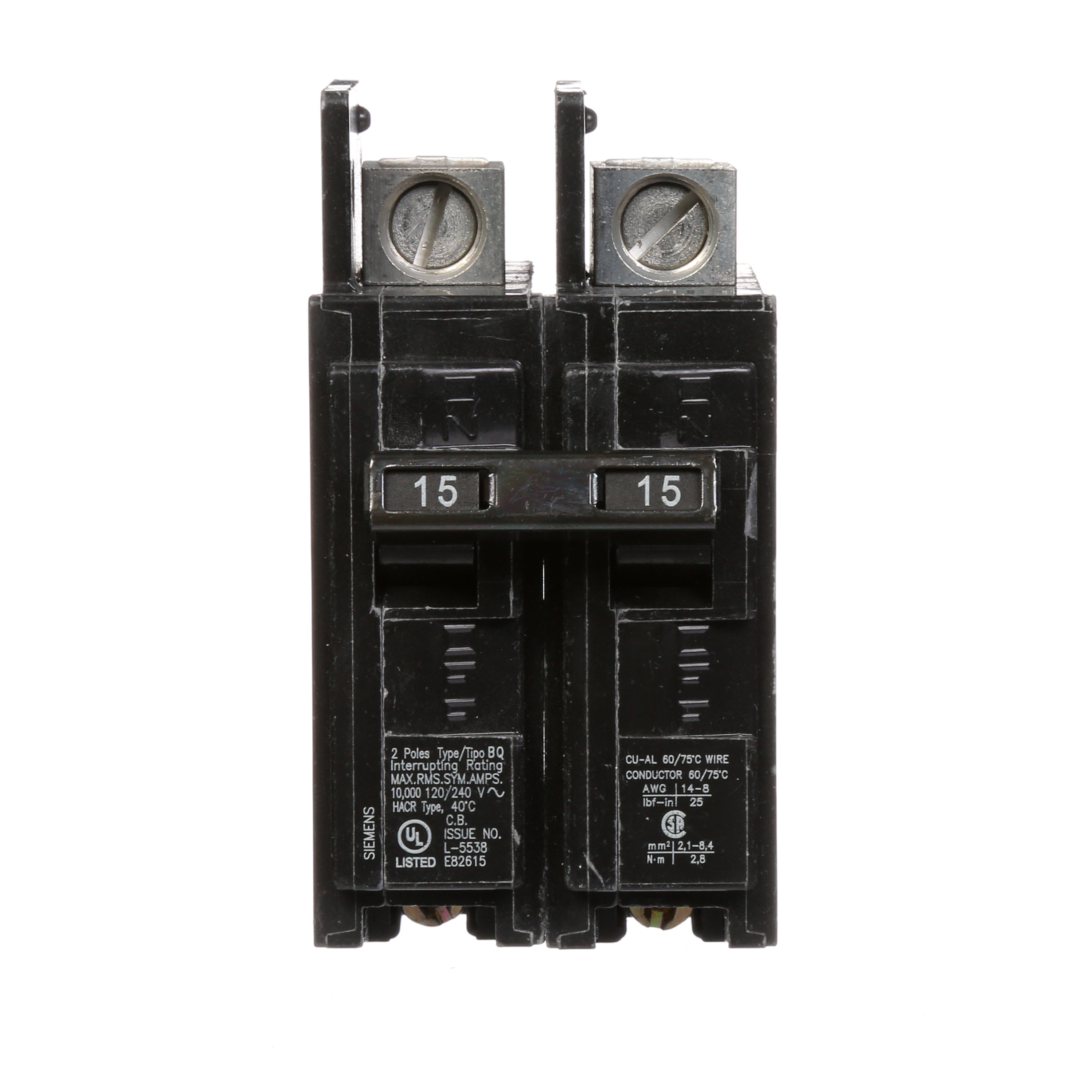 Siemens Low Voltage Molded Case Circuit Breakers General Purpose MCCBs - Type BQ, 2-Pole, 120/240VAC are Circuit Protection Molded Case Circuit Breakers. 2-Pole Common-Trip circuit breaker type BQ. Rated 120/240V (015A) (AIR 10 kA). Special features line side lugs included. Note Load side lugs are included.