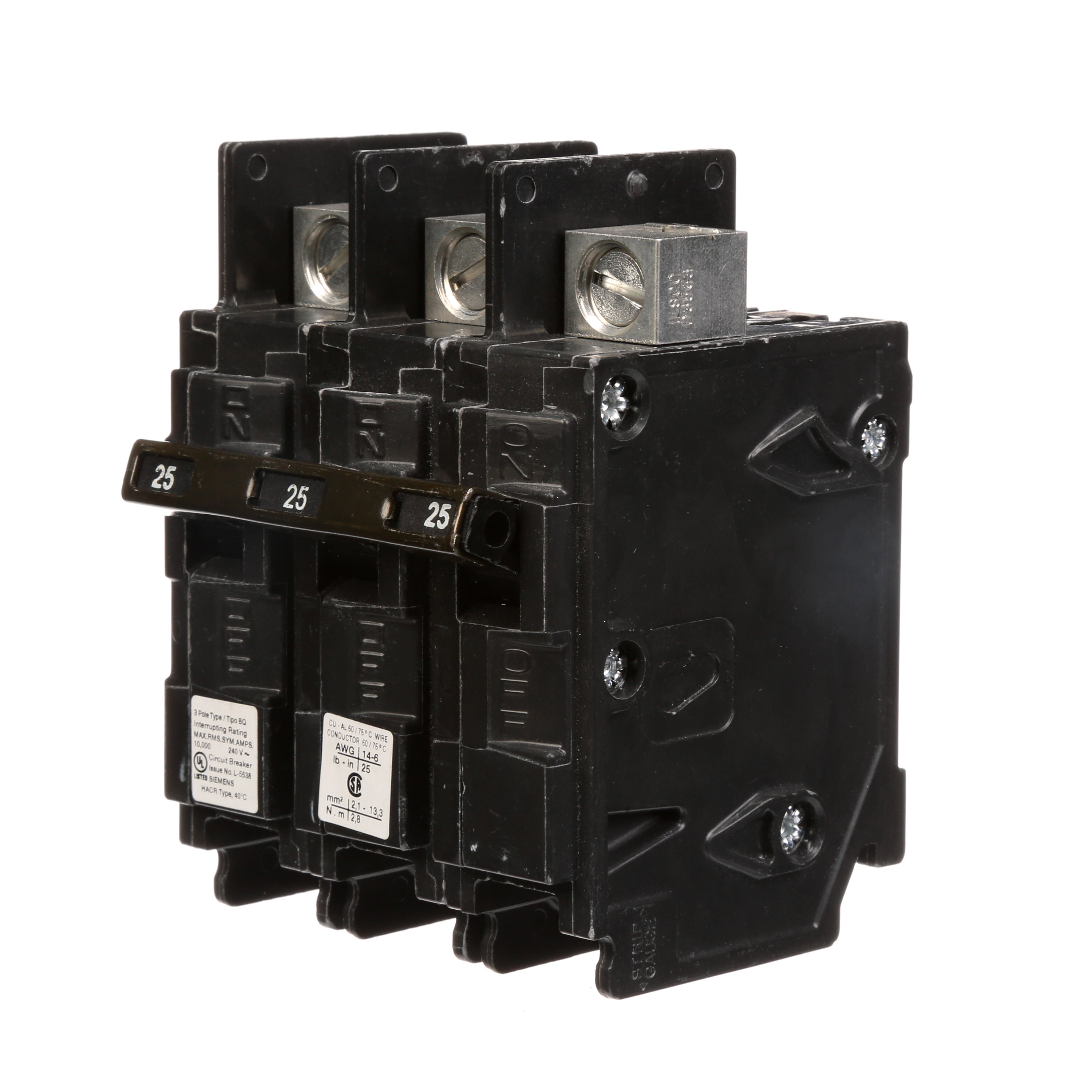 Siemens Low Voltage Molded Case Circuit Breakers General Purpose MCCBs are Circuit Protection Molded Case Circuit Breakers. 3-Pole Common-Trip circuit breaker type BQ. Rated 240V (025A) (AIR 10 kA). Special features line side lugs included. Note Load side lugs are included.