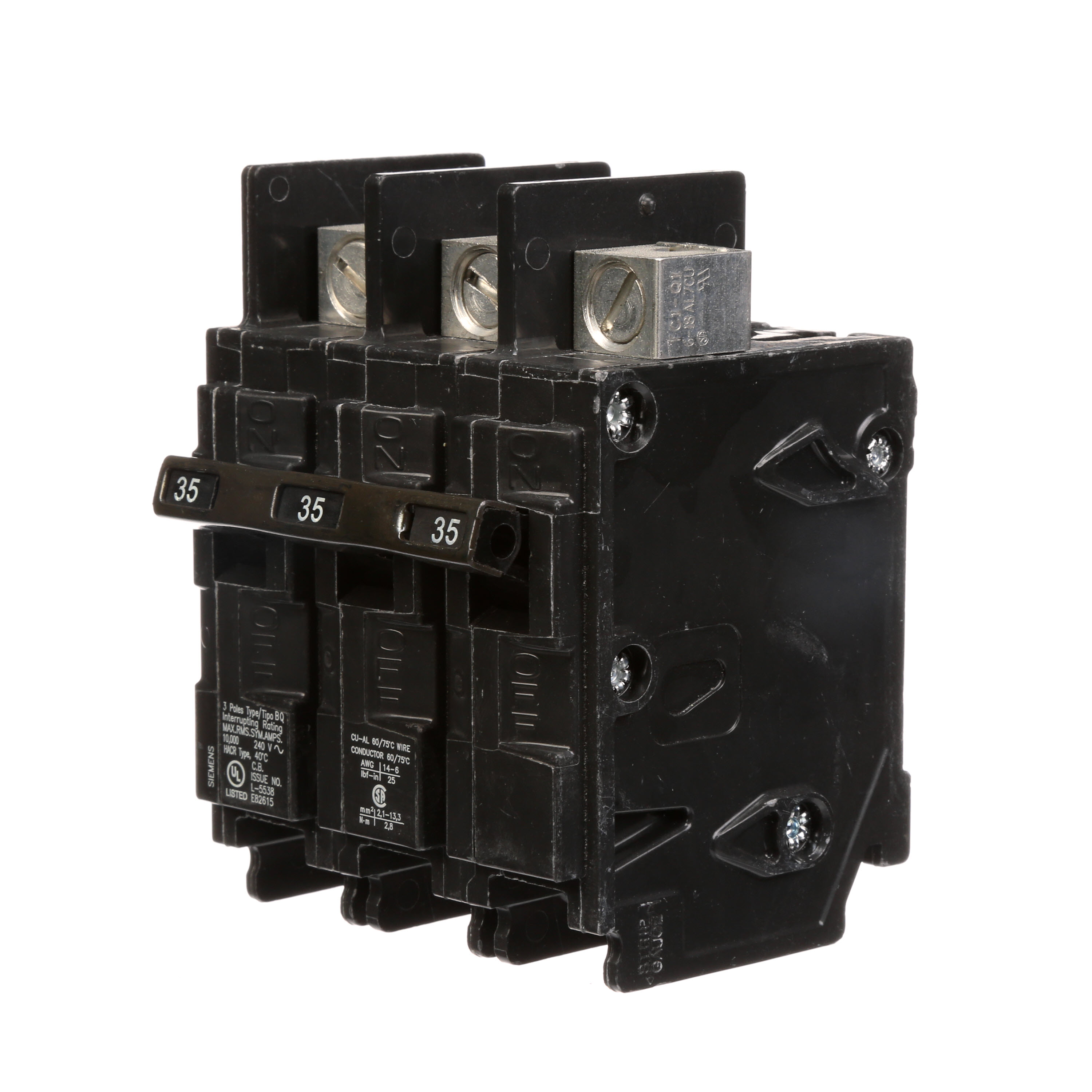 Siemens Low Voltage Molded Case Circuit Breakers General Purpose MCCBs are Circuit Protection Molded Case Circuit Breakers. 3-Pole Common-Trip circuit breaker type BQ. Rated 240V (035A) (AIR 10 kA). Special features line side lugs included. Note Load side lugs are included.