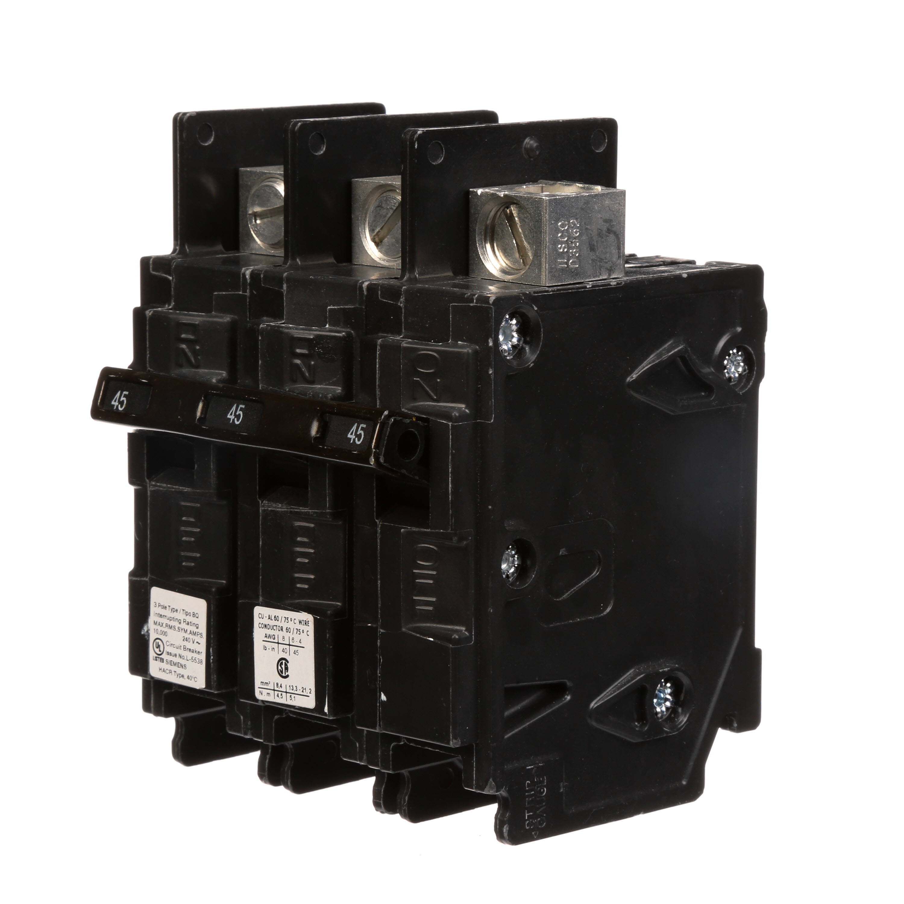 Siemens Low Voltage Molded Case Circuit Breakers General Purpose MCCBs are Circuit Protection Molded Case Circuit Breakers. 3-Pole Common-Trip circuit breaker type BQ. Rated 240V (045A) (AIR 10 kA). Special features line side lugs included. Note Load side lugs are included.