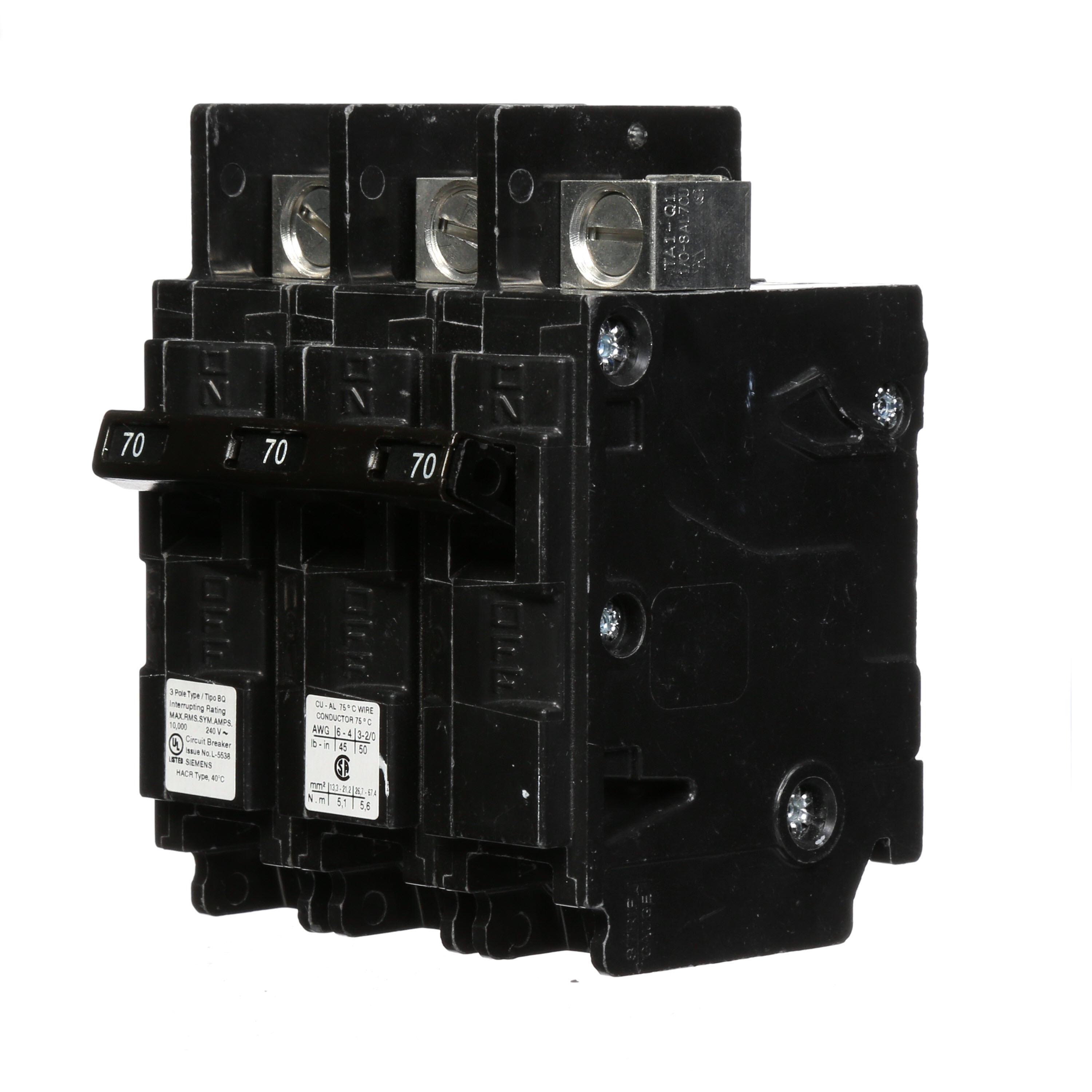 Siemens Low Voltage Molded Case Circuit Breakers General Purpose MCCBs are Circuit Protection Molded Case Circuit Breakers. 3-Pole Common-Trip circuit breaker type BQ. Rated 240V (070A) (AIR 10 kA). Special features line side lugs included. Note Load side lugs are included.