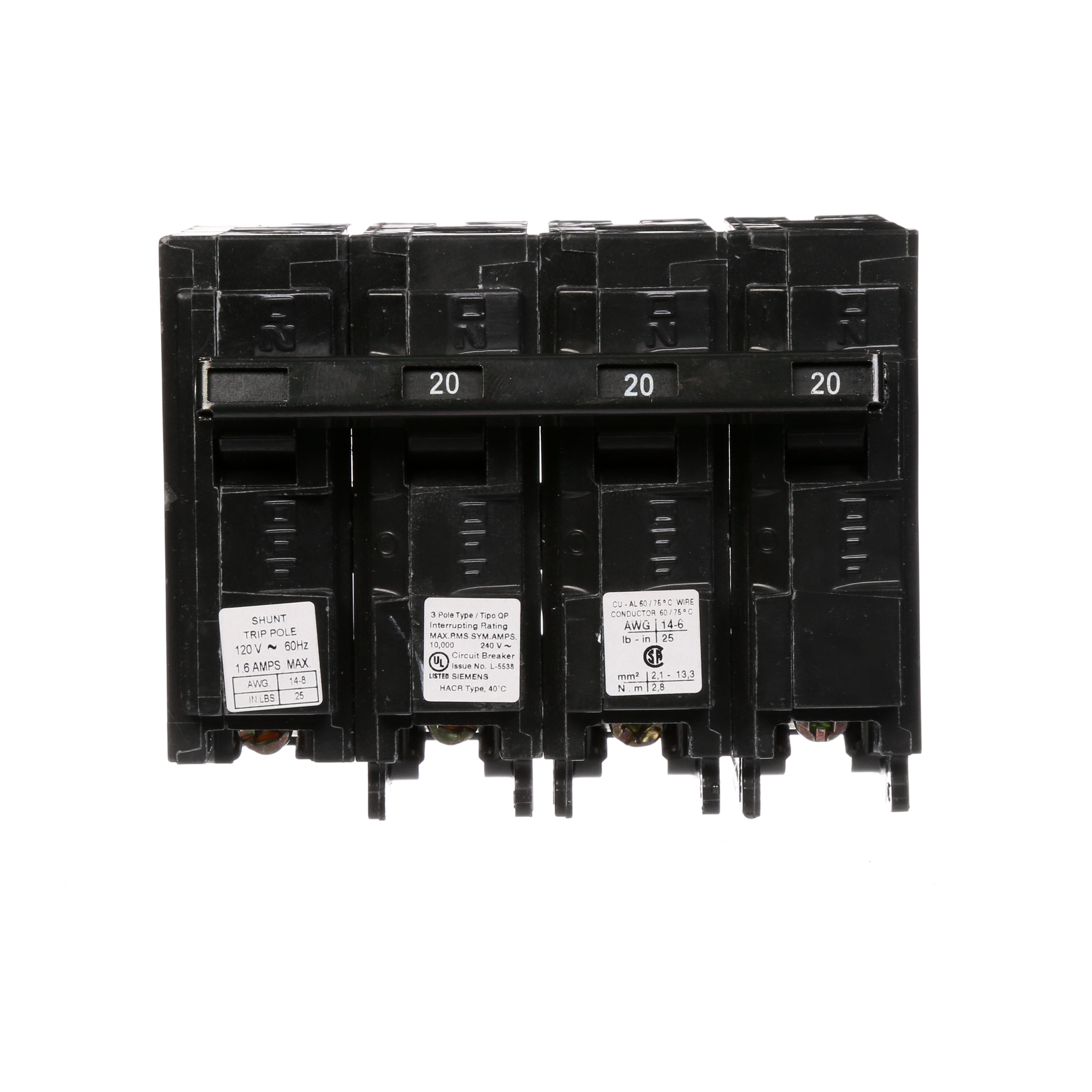 Siemens Low Voltage Residential Circuit Breakers Miniature Thermal Mag Circuit Breakers - Type QP/MP, 3-Pole, 240VAC are Circuit Protection Load Center Mains, Feeders, and Miniature Circuit Breakers. Type QP/MP Special Features Shunt Trip 120V Application Electrical Distribution Standard UL 489 Voltage Rating 120/240VAmperage Rating 20A Trip Range Thermal Magnetic Interrupt Rating 10 AIC Number Of Poles 3P