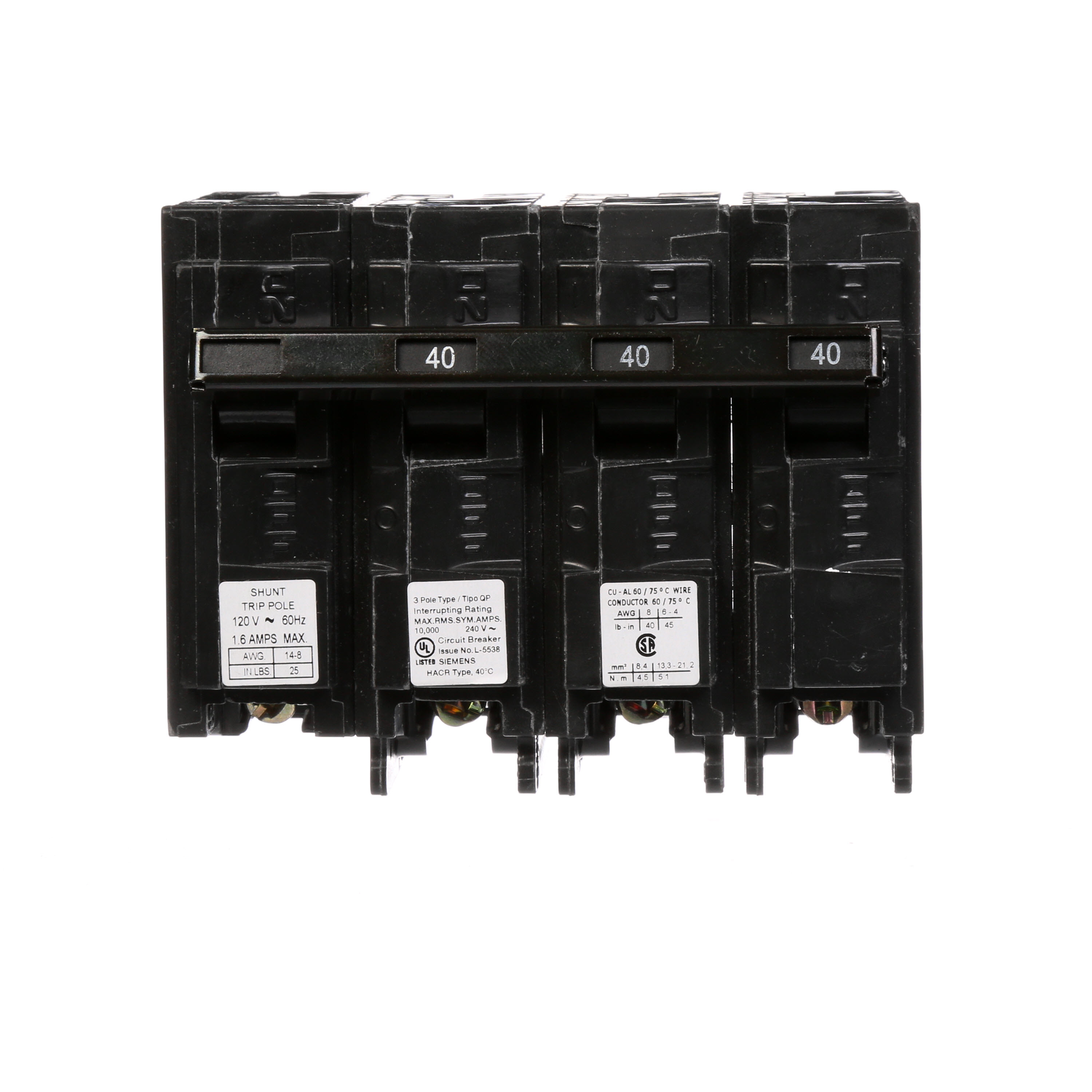 Siemens Low Voltage Residential Circuit Breakers Miniature Thermal Mag Circuit Breakers - Type QP/MP, 3-Pole, 240VAC are Circuit Protection Load Center Mains, Feeders, and Miniature Circuit Breakers. Type QP/MP Special Features Shunt Trip 120V Application Electrical Distribution Standard UL 489 Voltage Rating 120/240VAmperage Rating 40A Trip Range Thermal Magnetic Interrupt Rating 10 AIC Number Of Poles 3P