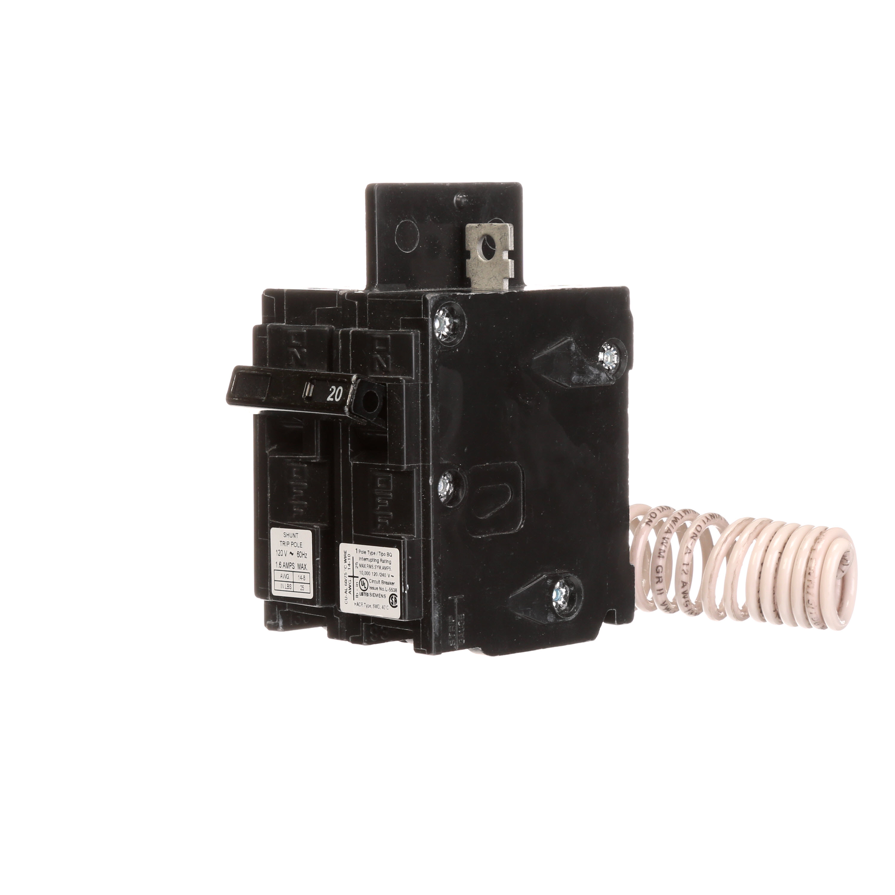 Siemens Low Voltage Molded Case Circuit Breakers General Purpose MCCBs are Circuit Protection Molded Case Circuit Breakers. 1-Pole circuit breaker type BQ. Rated 120V (020A) (AIR 10 kA). Special features 120VAC Shunt Trip. Note Load side lugs are included.