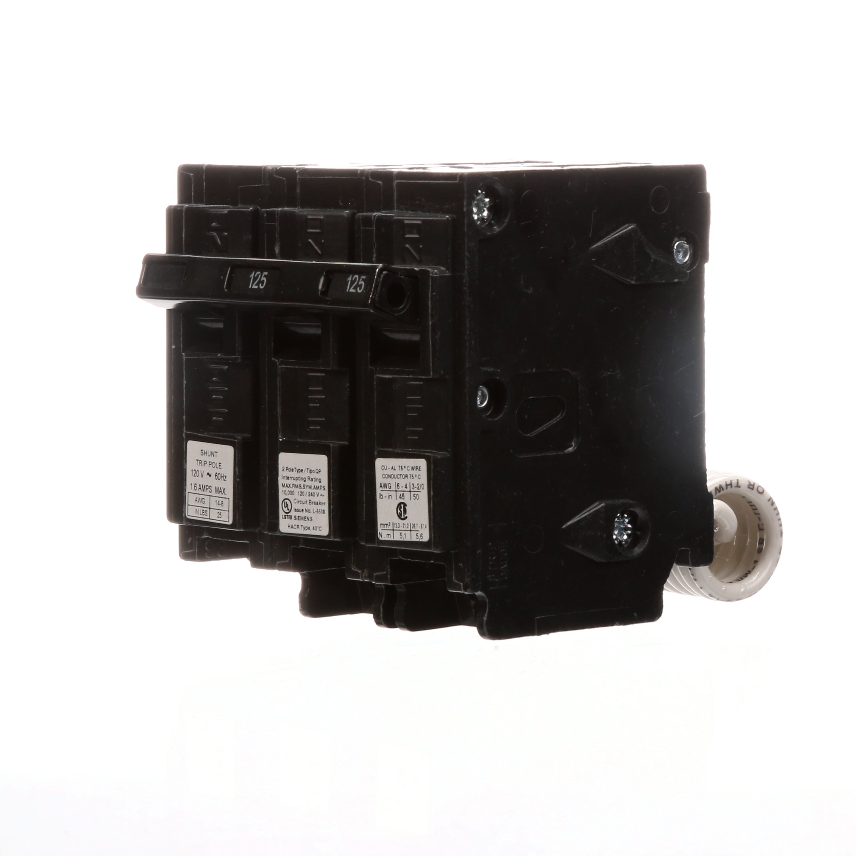 Siemens Low Voltage Residential Circuit Breakers Miniature Thermal Mag Circuit Breakers - Type QP/MP, 2-Pole, 120/240VAC are Circuit Protection Load Center Mains, Feeders, and Miniature Circuit Breakers. Type QP/MP Special Features Shunt Trip 120V Application Electrical Distribution Standard UL 489 Voltage Rating 120/240V Amperage Rating 125A Trip Range Thermal Magnetic Interrupt Rating 10 AIC Number Of Poles 2P