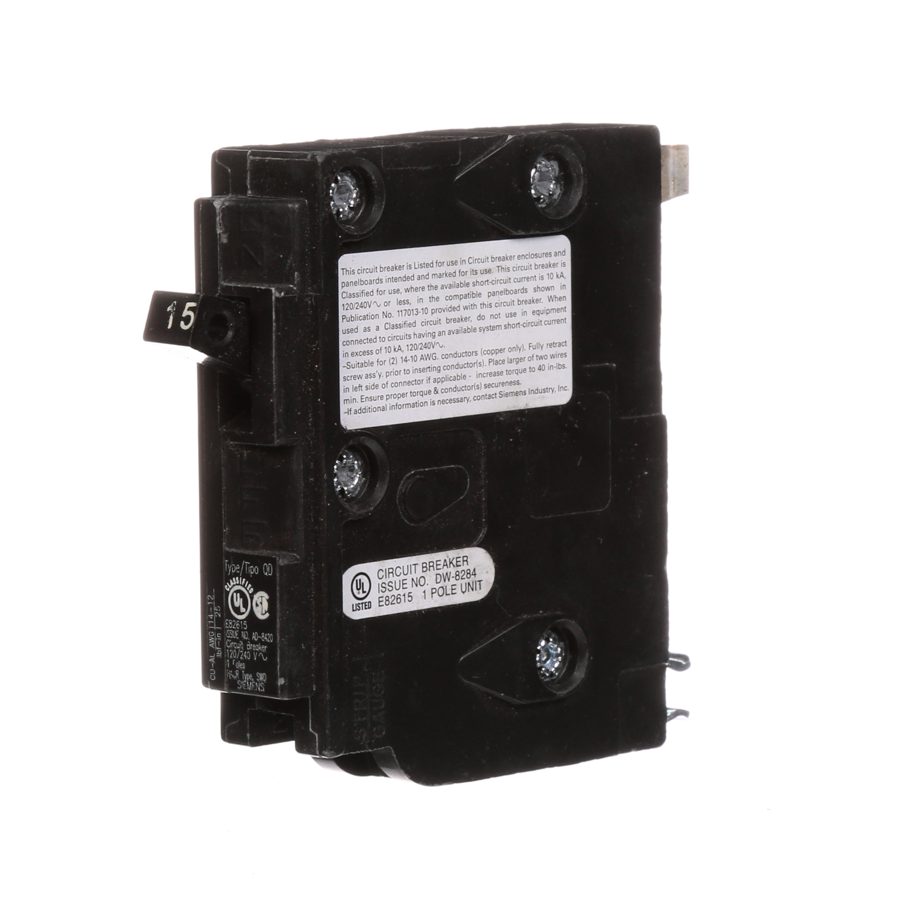 Siemens Low Voltage Residential Circuit Breakers. QD 3/4 IN Plug-In 1-Pole circuit breaker. Rated 120V (15A) AIR (10 kA). Special features HACR rated, UL listed and classified.