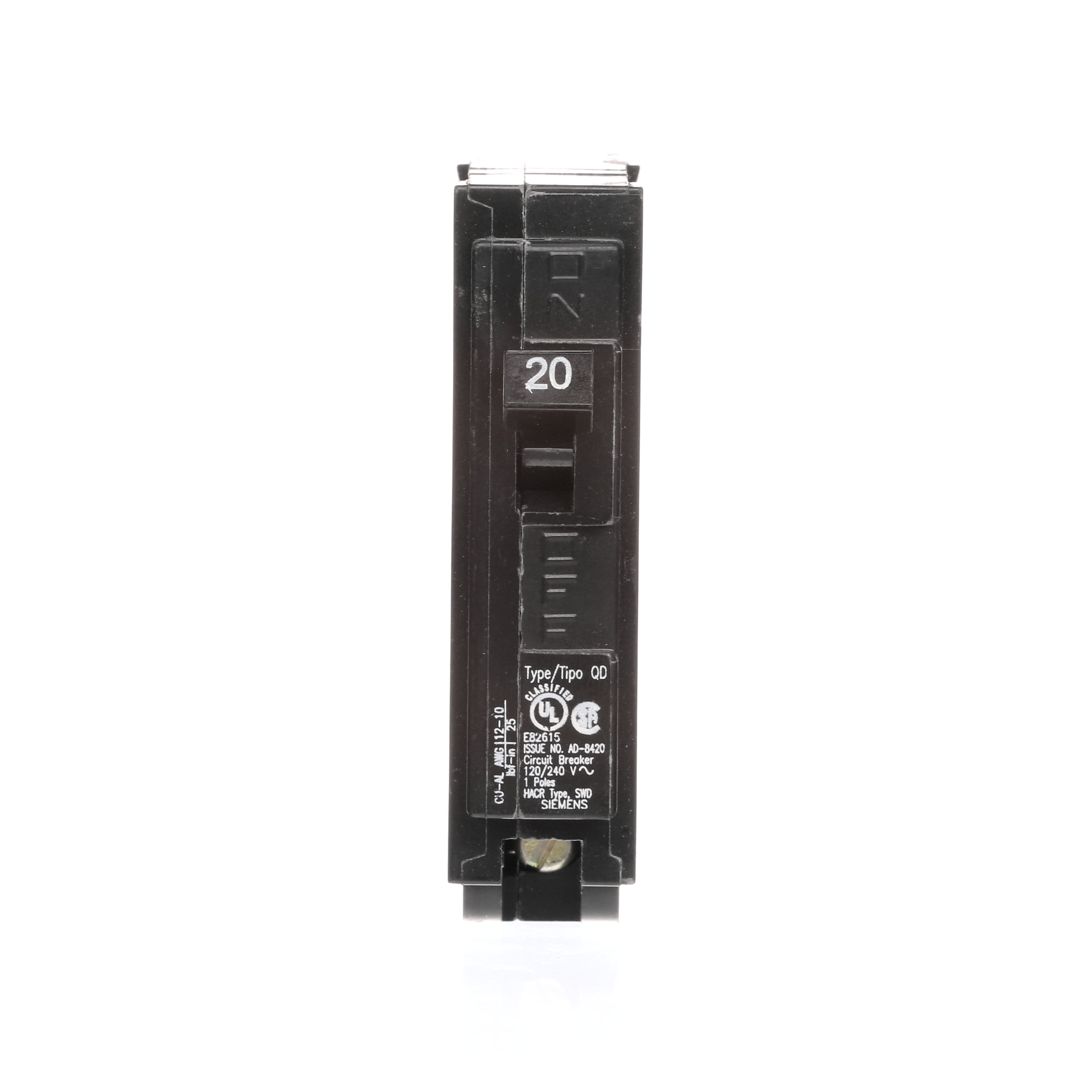 Siemens Low Voltage Residential Circuit Breakers. QD 3/4 IN Plug-In 1-Pole circuit breaker. Rated 120V (20A) AIR (10 kA). Special features HACR rated, UL listed and classified.