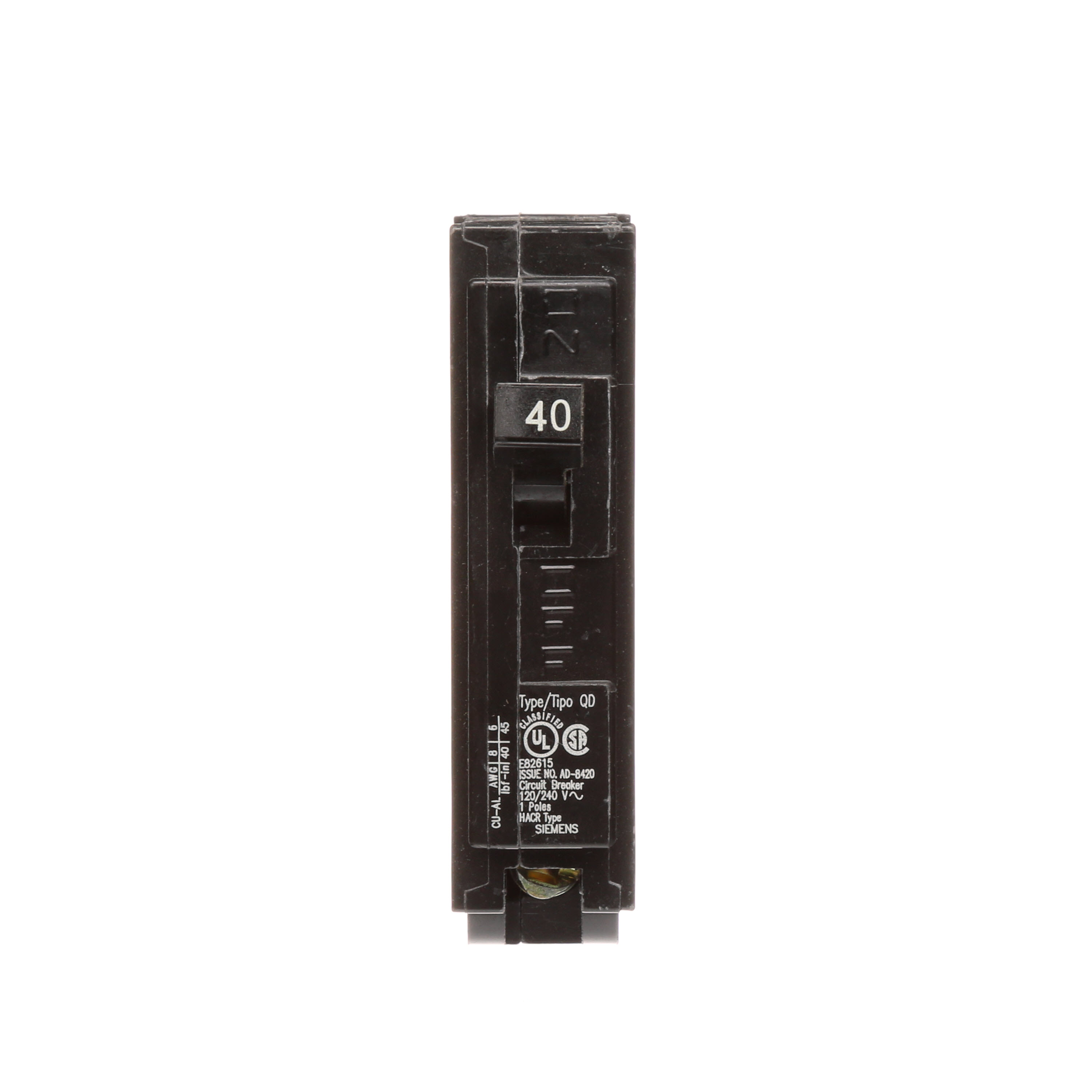 Siemens Low Voltage Residential Circuit Breakers. QD 3/4 IN Plug-In 1-Pole circuit breaker. Rated 120V (40A) AIR (10 kA). Special features HACR rated, UL listed and classified.