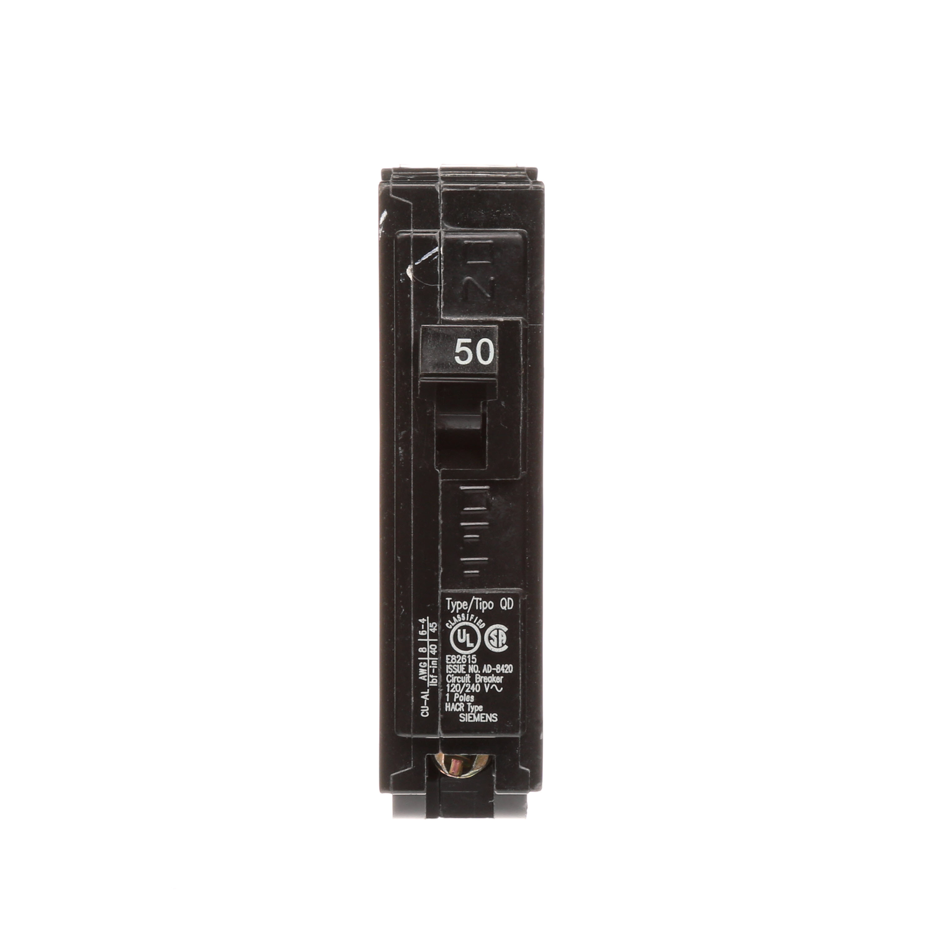 Siemens Low Voltage Residential Circuit Breakers. QD 3/4 IN Plug-In 1-Pole circuit breaker. Rated 120V (50A) AIR (10 kA). Special features HACR rated, UL listed and classified.