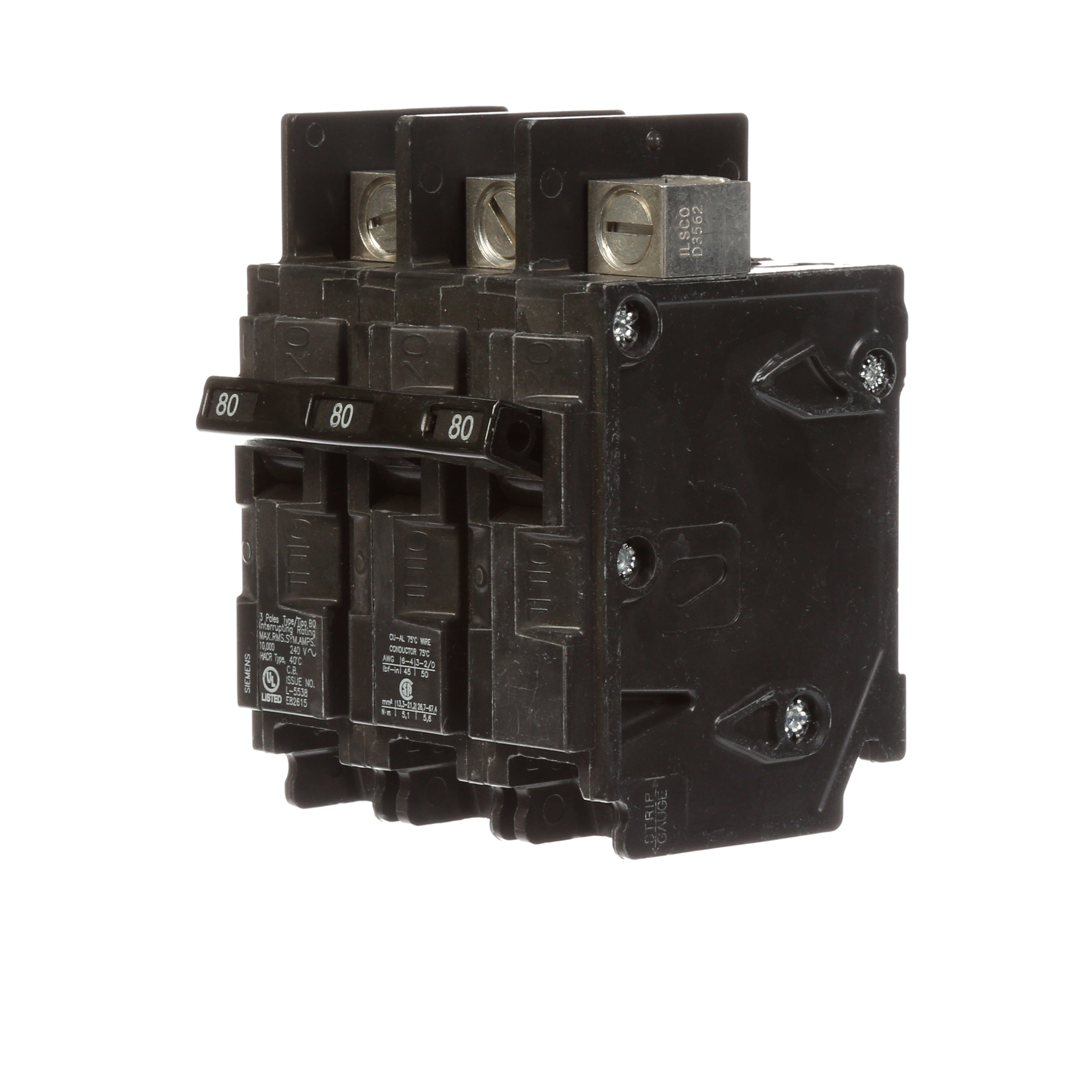 Siemens Low Voltage Molded Case Circuit Breakers General Purpose MCCBs are Circuit Protection Molded Case Circuit Breakers. 3-Pole Common-Trip circuit breaker type BQ. Rated 240V (080A) (AIR 10 kA). Special features line side lugs included. Note Load side lugs are included.