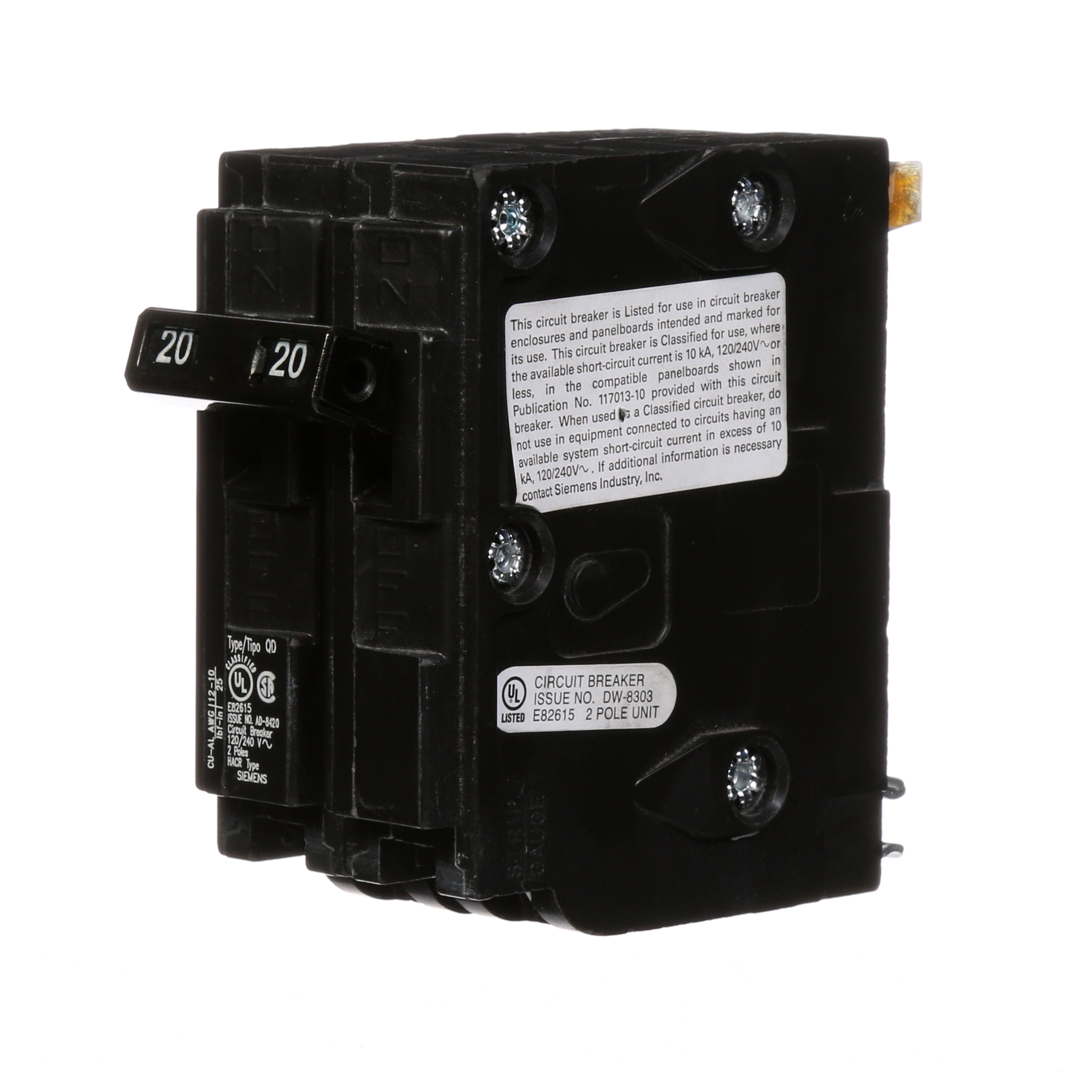 Siemens Low Voltage Residential Circuit Breakers. QD 3/4 IN Plug-In 2-Pole common trip circuit breaker. Rated 120/240V (20A) AIR (10 kA). Special features HACRrated, UL listed and classified.