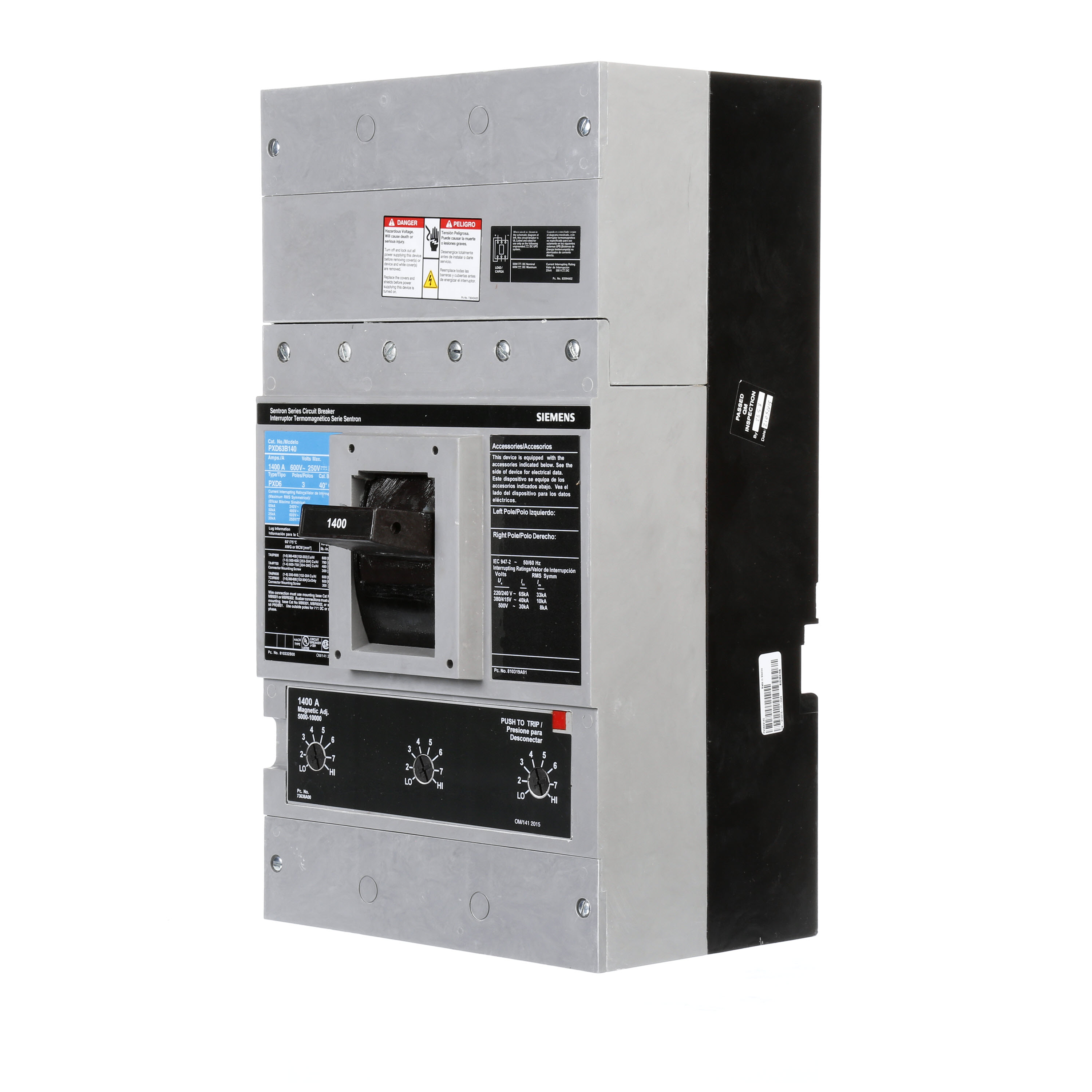 SIEMENS LOW VOLTAGE SENTRON MOLDED CASE CIRCUIT BREAKER WITH THERMAL - MAGNETICTRIP UNIT. ASSEMBLED STANDARD 40 DEG C BREAKER PD FRAME WITH STANDARD BREAKING CAPACITY. 1400A 3-POLE (25KAIC AT 600V) (50KAIC AT 480V). NON-INTERCHANGEABLE TRIP UNIT. SPECIAL FEATURES NO LUGS INSTALLED. DIMENSIONS (W x H x D) IN 9.00 x 16.0 x 6.19.