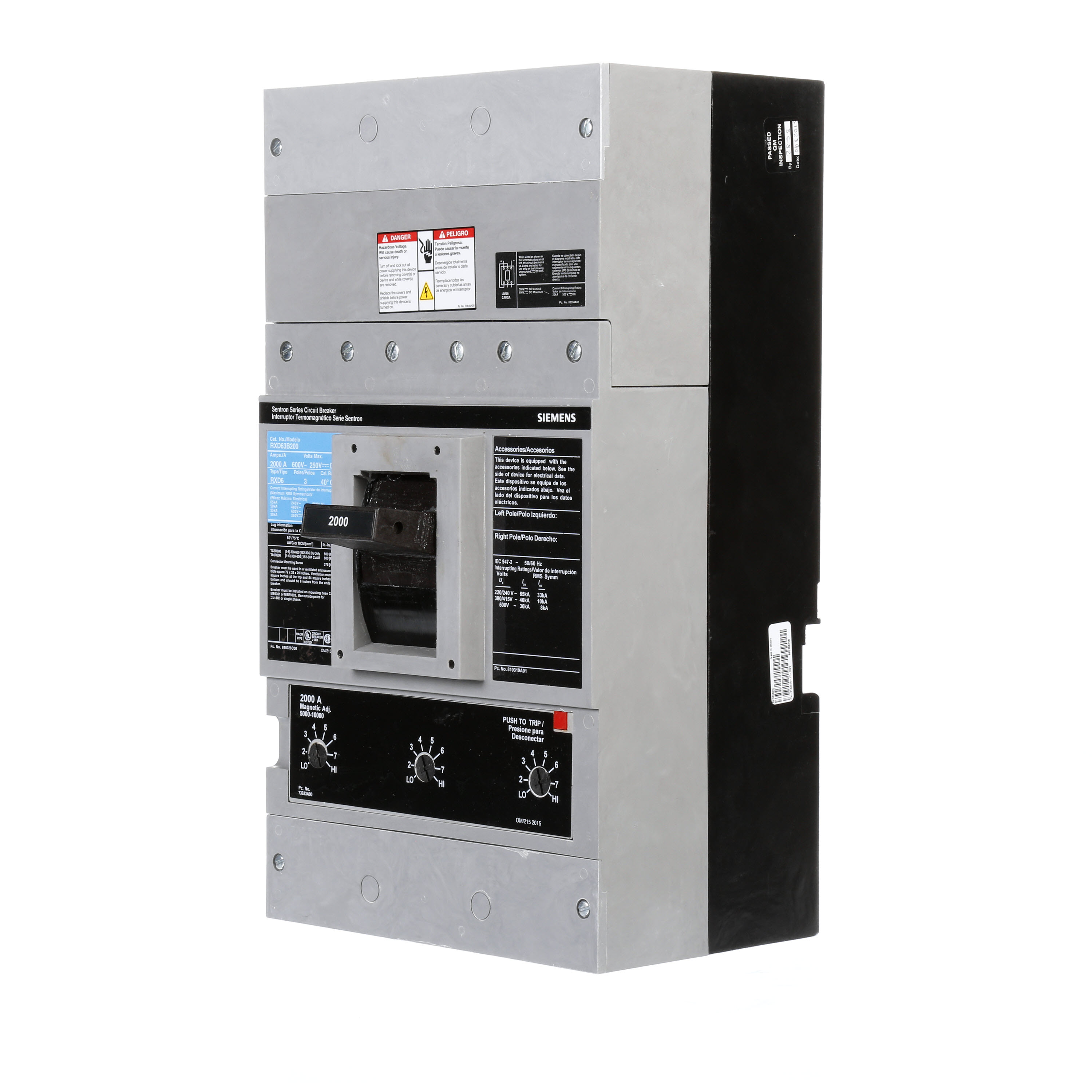 SIEMENS LOW VOLTAGE SENTRON MOLDED CASE CIRCUIT BREAKER WITH THERMAL - MAGNETICTRIP UNIT. ASSEMBLED STANDARD 40 DEG C BREAKER RD FRAME WITH STANDARD BREAKING CAPACITY. 2000A 3-POLE (25KAIC AT 600V) (50KAIC AT 480V). NON-INTERCHANGEABLE TRIP UNIT. SPECIAL FEATURES NO LUGS INSTALLED. DIMENSIONS (W x H x D) IN 9.00 x 16.0 x 6.19.