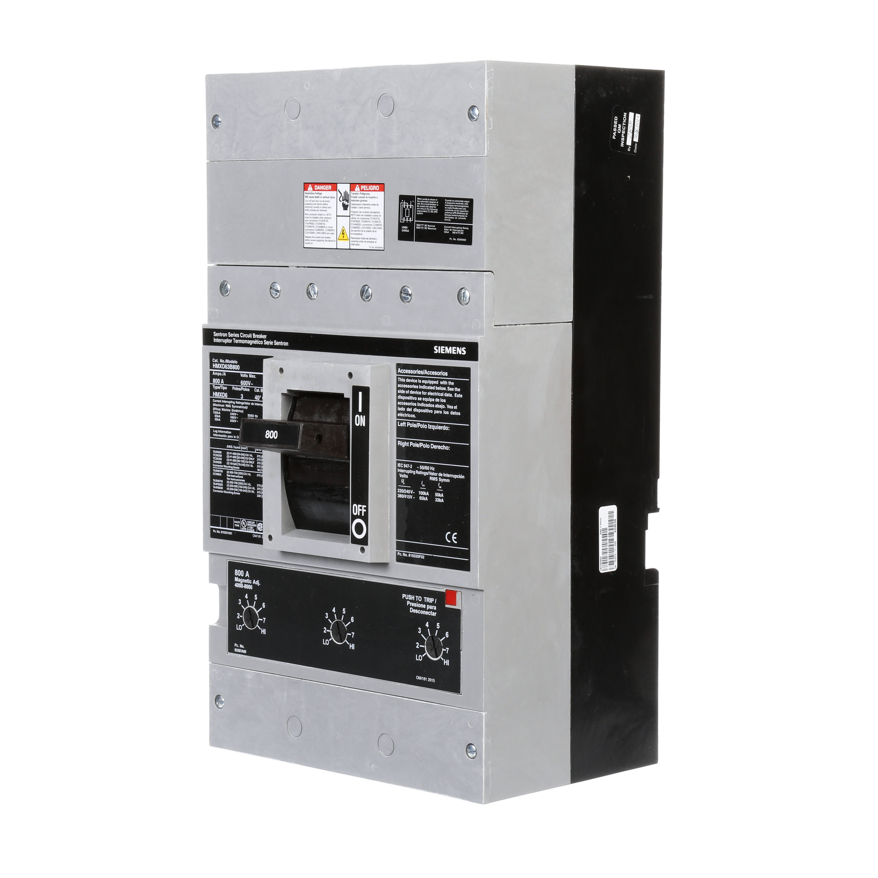 SIEMENS LOW VOLTAGE SENTRON MOLDED CASE CIRCUIT BREAKER WITH THERMAL - MAGNETICTRIP UNIT. ASSEMBLED STANDARD 40 DEG C BREAKER MD FRAME WITH HIGH BREAKING CAPACITY. 800A 3-POLE (50KAIC AT 600V) (65KAIC AT 480V). NON-INTERCHANGEABLE TRIP UNIT. SPECIAL FEATURES NO LUGS INSTALLED. DIMENSIONS (W x H x D) IN 9.00 x 16.0 x 6.00.