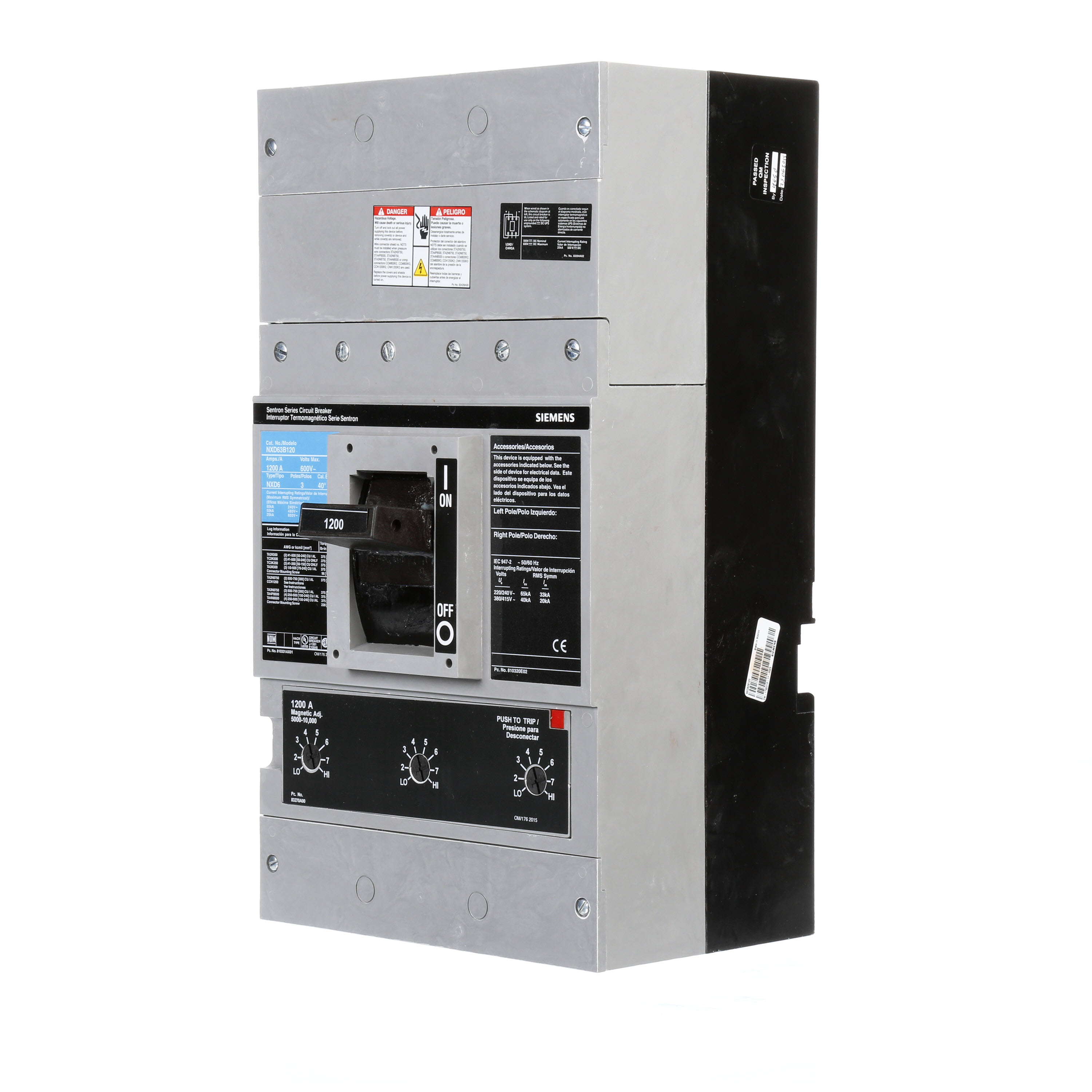 SIEMENS LOW VOLTAGE SENTRON MOLDED CASE CIRCUIT BREAKER WITH THERMAL - MAGNETICTRIP UNIT. ASSEMBLED STANDARD 40 DEG C BREAKER ND FRAME WITH STANDARD BREAKING CAPACITY. 1200A 3-POLE (25KAIC AT 600V) (50KAIC AT 480V). NON-INTERCHANGEABLE TRIP UNIT. SPECIAL FEATURES NO LUGS INSTALLED. DIMENSIONS (W x H x D) IN 9.00 x 16.0 x 6.00.