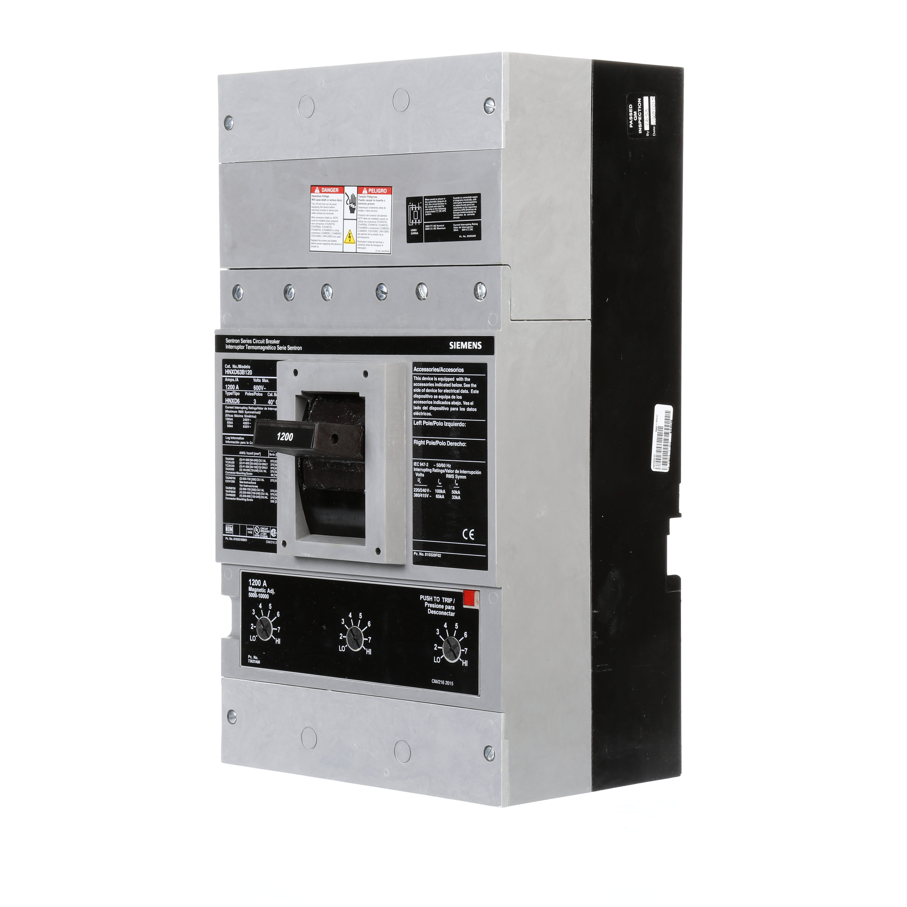 SIEMENS LOW VOLTAGE SENTRON MOLDED CASE CIRCUIT BREAKER WITH THERMAL - MAGNETICTRIP UNIT. ASSEMBLED STANDARD 40 DEG C BREAKER ND FRAME WITH HIGH BREAKING CAPACITY. 1200A 3-POLE (50KAIC AT 600V) (65KAIC AT 480V). NON-INTERCHANGEABLE TRIP UNIT. SPECIAL FEATURES NO LUGS INSTALLED. DIMENSIONS (W x H x D) IN 9.00 x 16.0 x6.00.