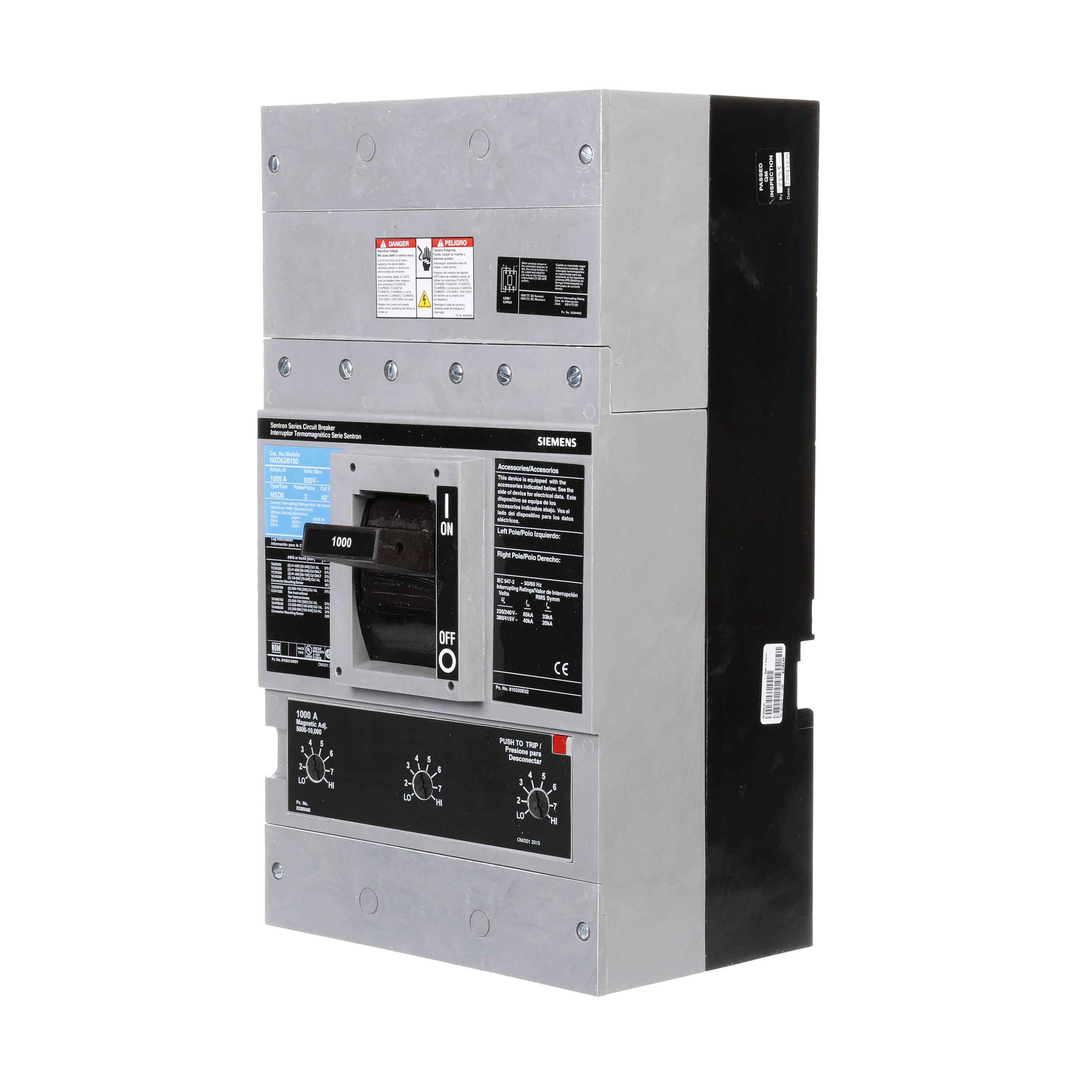 SIEMENS LOW VOLTAGE SENTRON MOLDED CASE CIRCUIT BREAKER WITH THERMAL - MAGNETICTRIP UNIT. ASSEMBLED STANDARD 40 DEG C BREAKER ND FRAME WITH STANDARD BREAKING CAPACITY. 1000A 3-POLE (25KAIC AT 600V) (50KAIC AT 480V). NON-INTERCHANGEABLE TRIP UNIT. SPECIAL FEATURES NO LUGS INSTALLED. DIMENSIONS (W x H x D) IN 9.00 x 16.0 x 6.00.