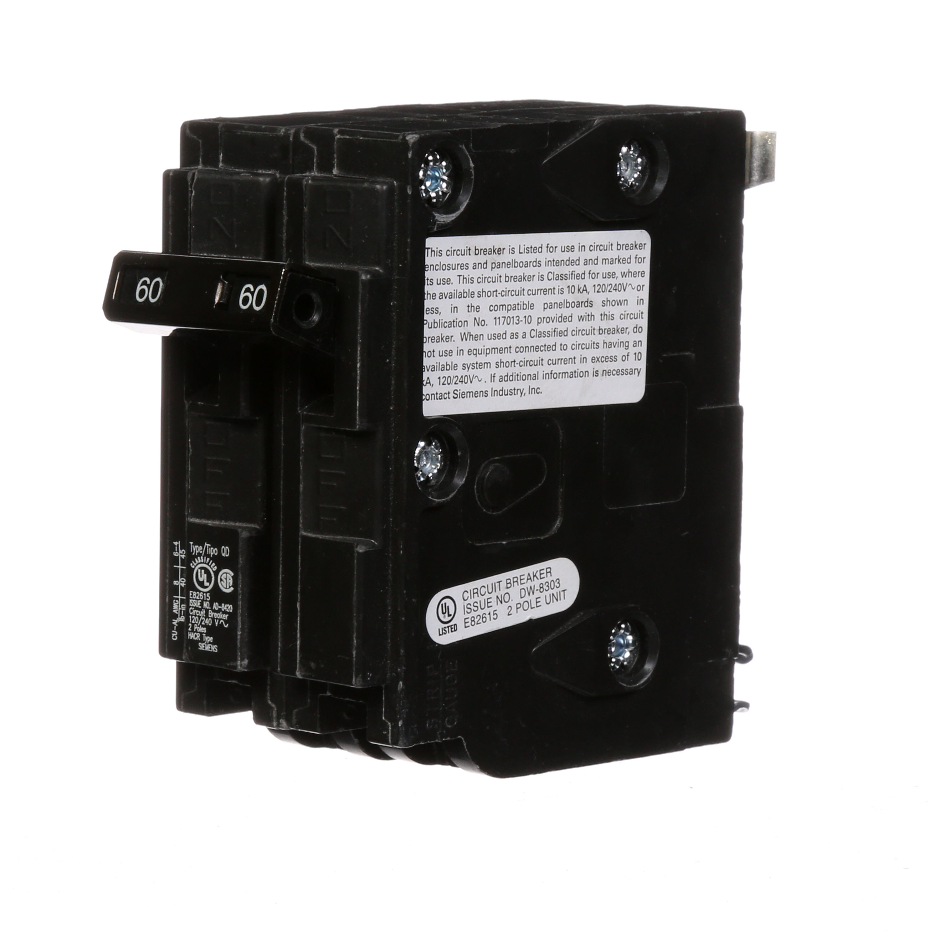 Siemens Low Voltage Residential Circuit Breakers. QD 3/4 IN Plug-In 2-Pole common trip circuit breaker. Rated 120/240V (60A) AIR (10 kA). Special features HACRrated, UL listed and classified.