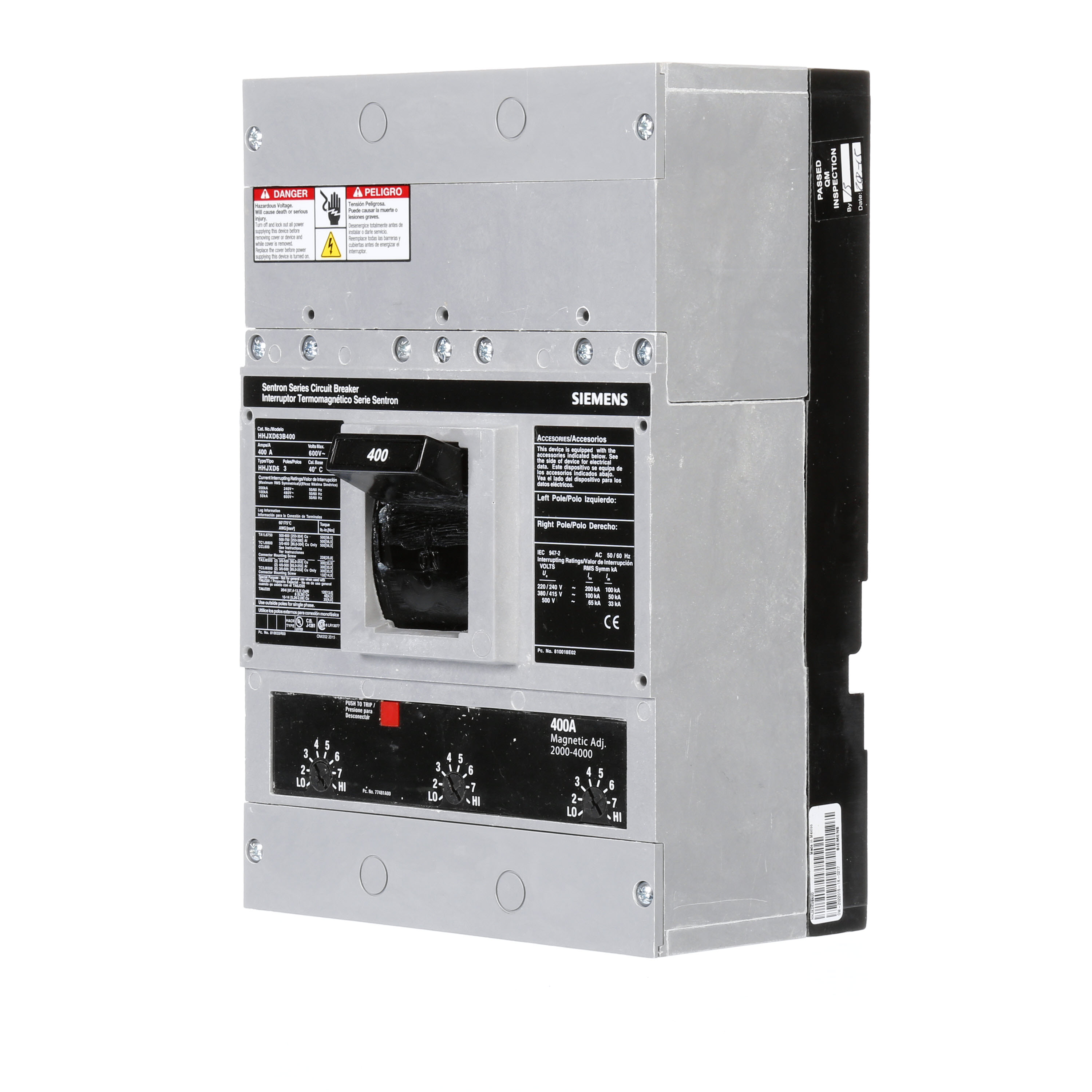 SIEMENS LOW VOLTAGE SENTRON MOLDED CASE CIRCUIT BREAKER WITH THERMAL - MAGNETICTRIP UNIT. ASSEMBLED STANDARD 40 DEG C BREAKER JD FRAME WITH EXTRA HIGH BREAKING CAPACITY. 400A 3-POLE (50KAIC AT 600V) (100KAIC AT 480V). NON-INTERCHANGEABLE TRIP UNIT. SPECIAL FEATURES NO LUGS INSTALLED. DIMENSIONS (W x H x D) IN 7.50 x 11.0 x 4.00.