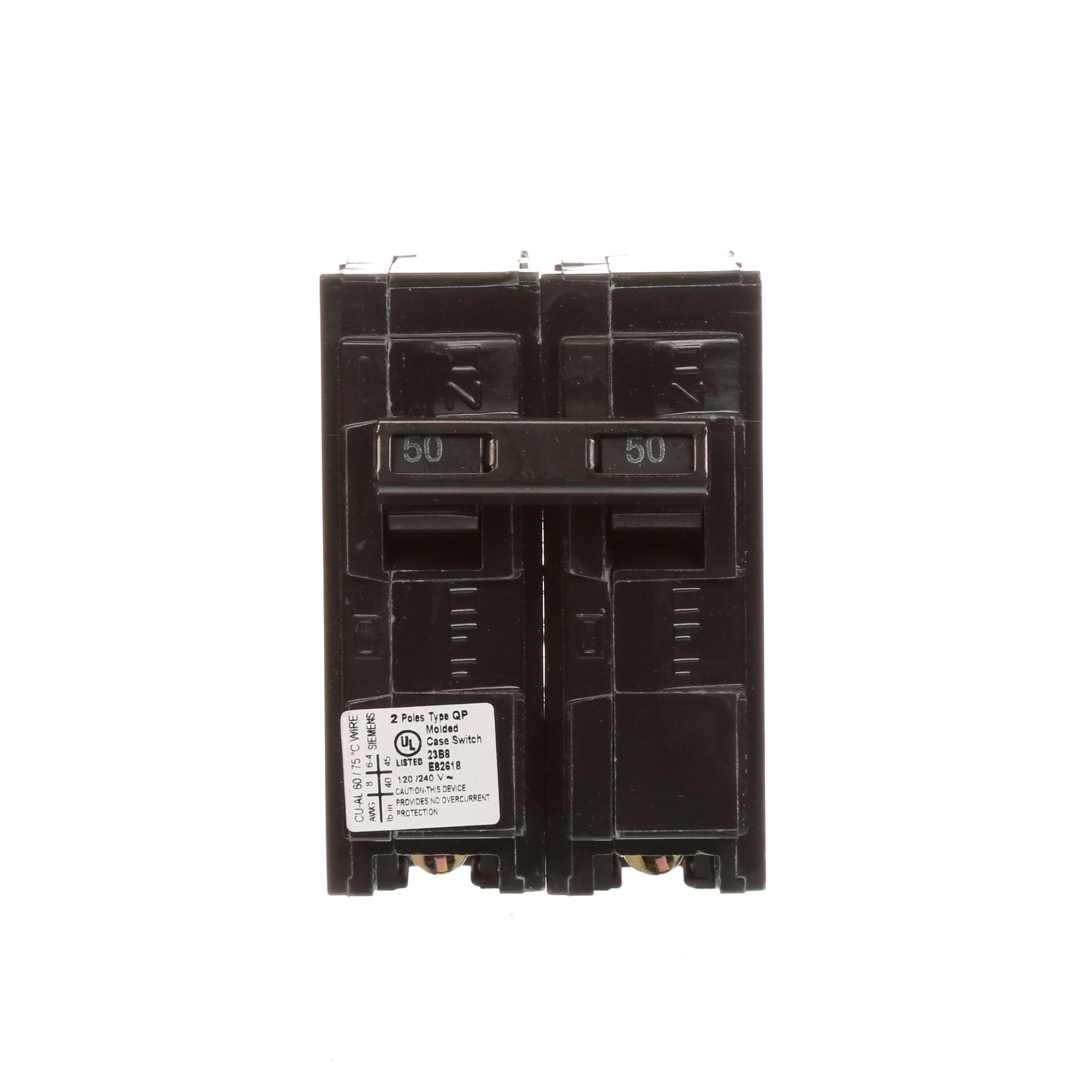 Siemens Low Voltage Residential Circuit Breakers Miniature Thermal Mag Circuit Breakers - Type QP/MP, 2-Pole, 120/240VAC are Circuit Protection Load Center Mains, Feeders, and Miniature Circuit Breakers. Type QP/MP Special Features Non-Automatic Switch Application Electrical Distribution Standard UL 489 Voltage Rating120/240V Amperage Rating 50A Trip Range Thermal Magnetic Interrupt Rating 10 AIC Number Of Poles 2P