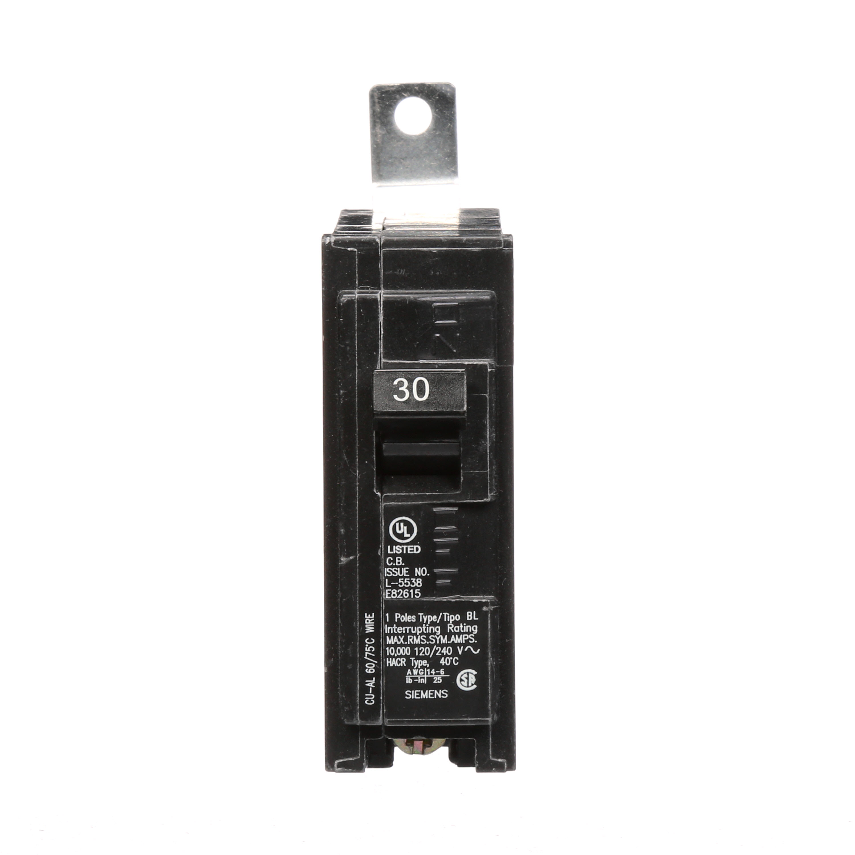 Siemens Low Voltage Molded Case Circuit Breakers Panelboard Mounting 240V Circuit Breakers - Type BL, 1-Pole, 120VAC are Circuit Protection Molded Case CircuitBreakers. Type BL Application Electrical Distribution Standard UL 489 Voltage Rating 120V Amperage Rating 30A Trip Range Thermal Magnetic Interrupt Rating 10 AIC Number Of Poles 1P