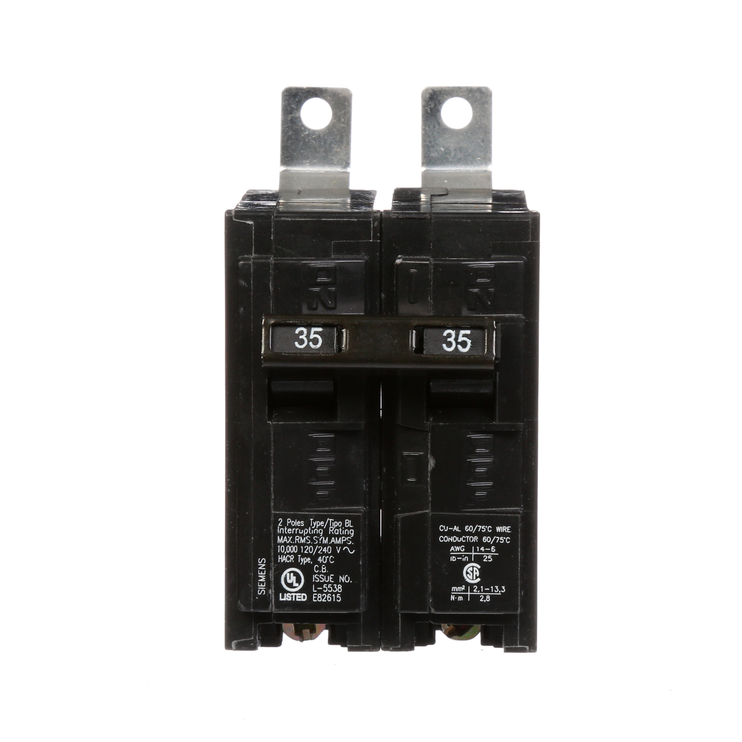 Siemens Low Voltage Molded Case Circuit Breakers Panelboard Mounting 240V Circuit Breakers - Type BL, 2-Pole, 120/240VAC are Circuit Protection Molded Case Circuit Breakers. Type BL Application Electrical Distribution Standard UL 489 Voltage Rating 120/240V Am perage Rating 35A Trip Range Thermal Magnetic Interrupt Rating 10 AIC Number Of Poles 2P
